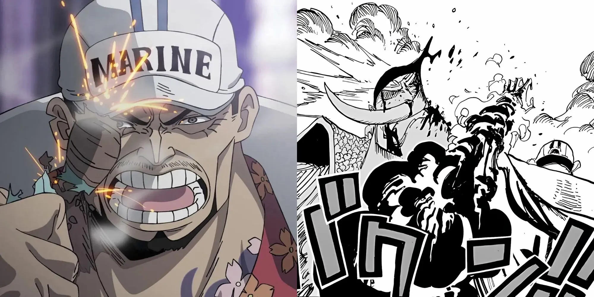Akainu sử dụng đòn Meigo xuyên qua cơ thể Râu Trắng tại Marineford