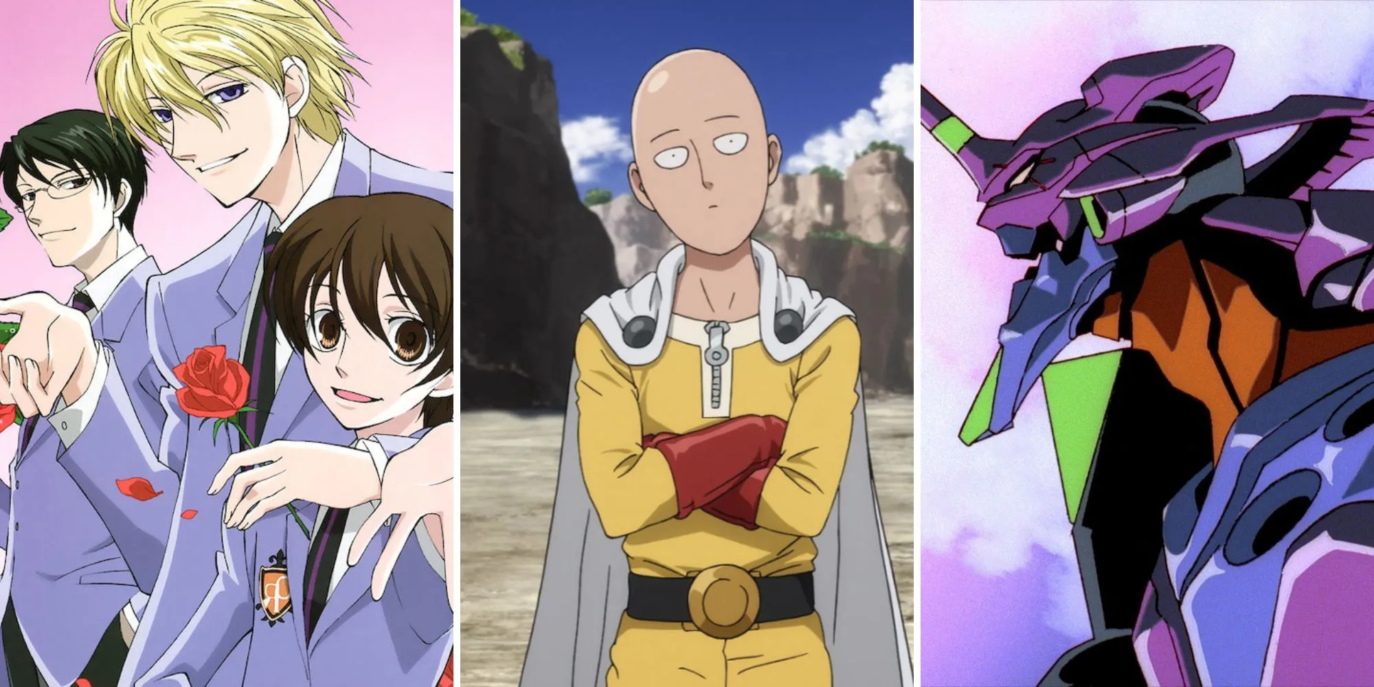 Ảnh cắt ghép các anime lồng tiếng Anh được yêu thích (Ouran High School Host Club, One-Punch Man, Neon Genesis Evangelion)
