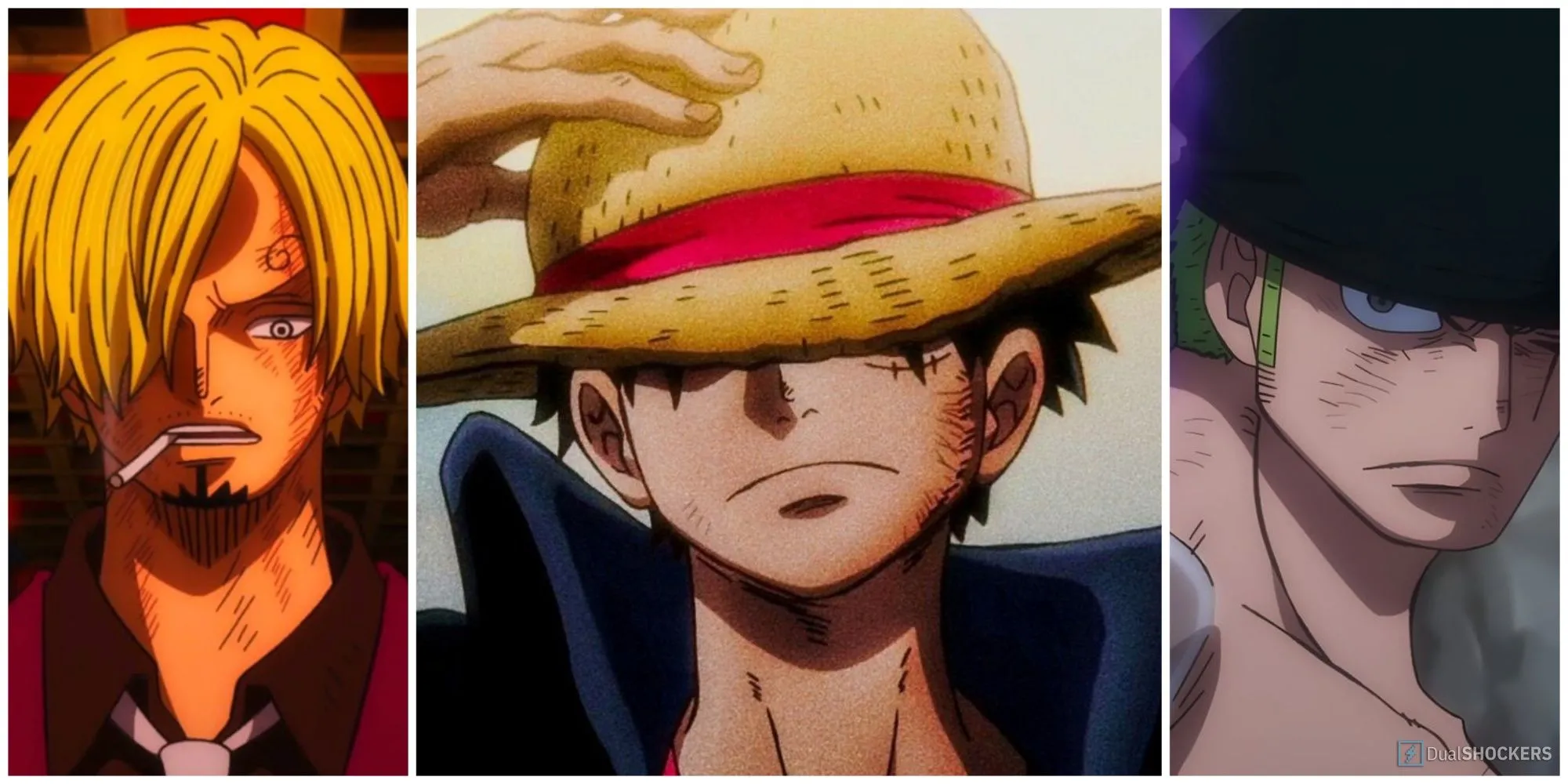 Ba thành viên trụ cột băng Mũ Rơm: Luffy, Zoro và Sanji trong One Piece