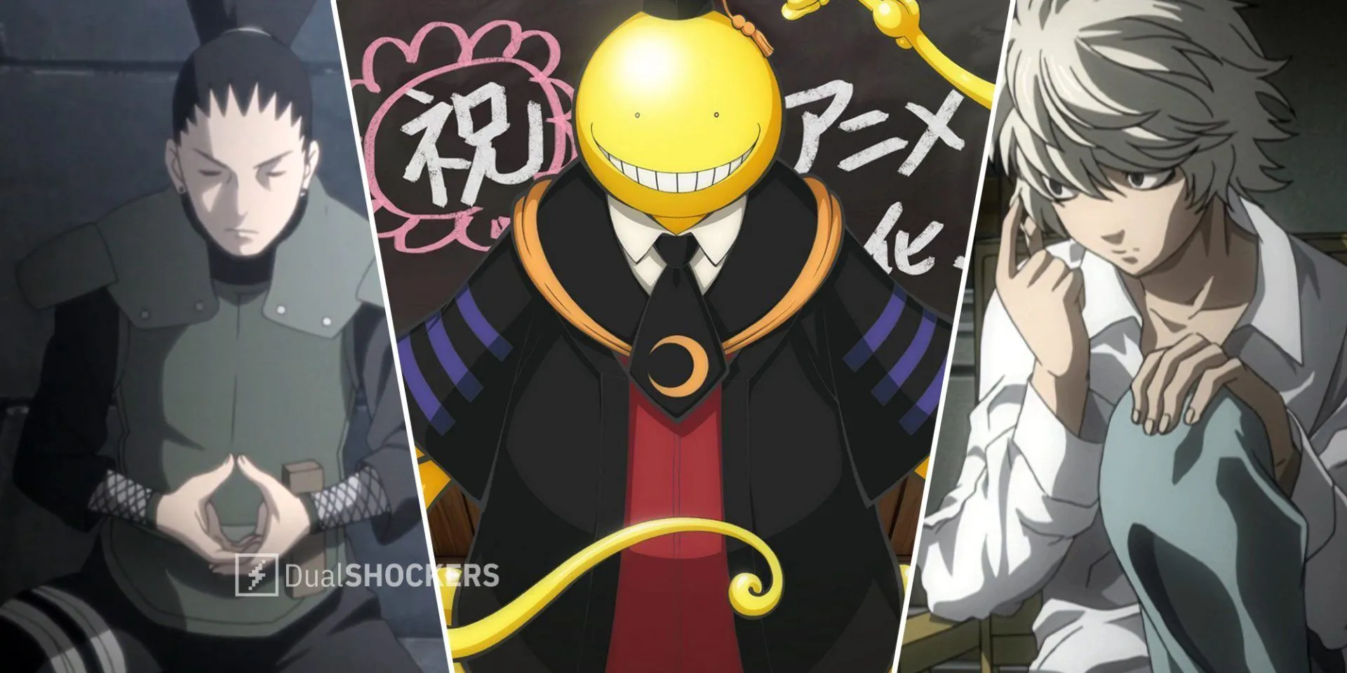 Các nhân vật Shikamaru, Koro-Sensei và Near, đại diện cho sự thông minh trong anime