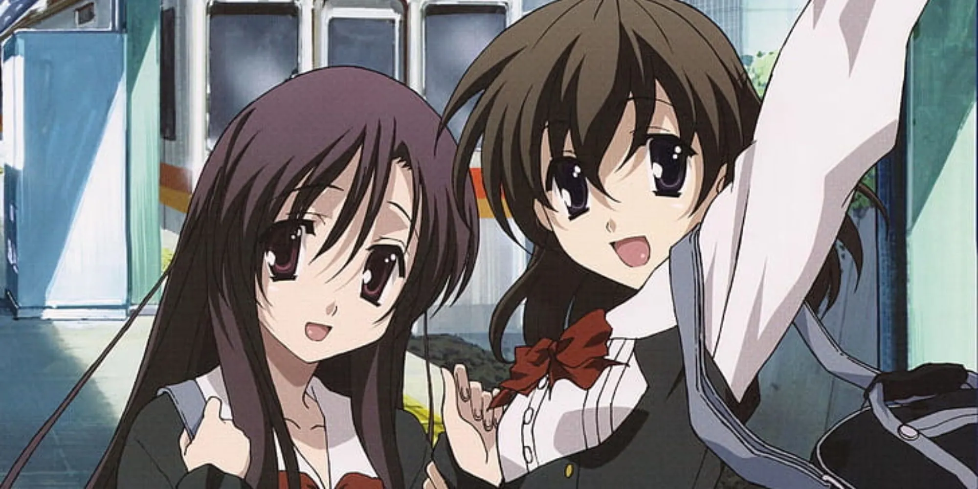 Cảnh hai nữ sinh Kotonoha và Sekai vẫy tay, ẩn chứa bi kịch trong anime School Days