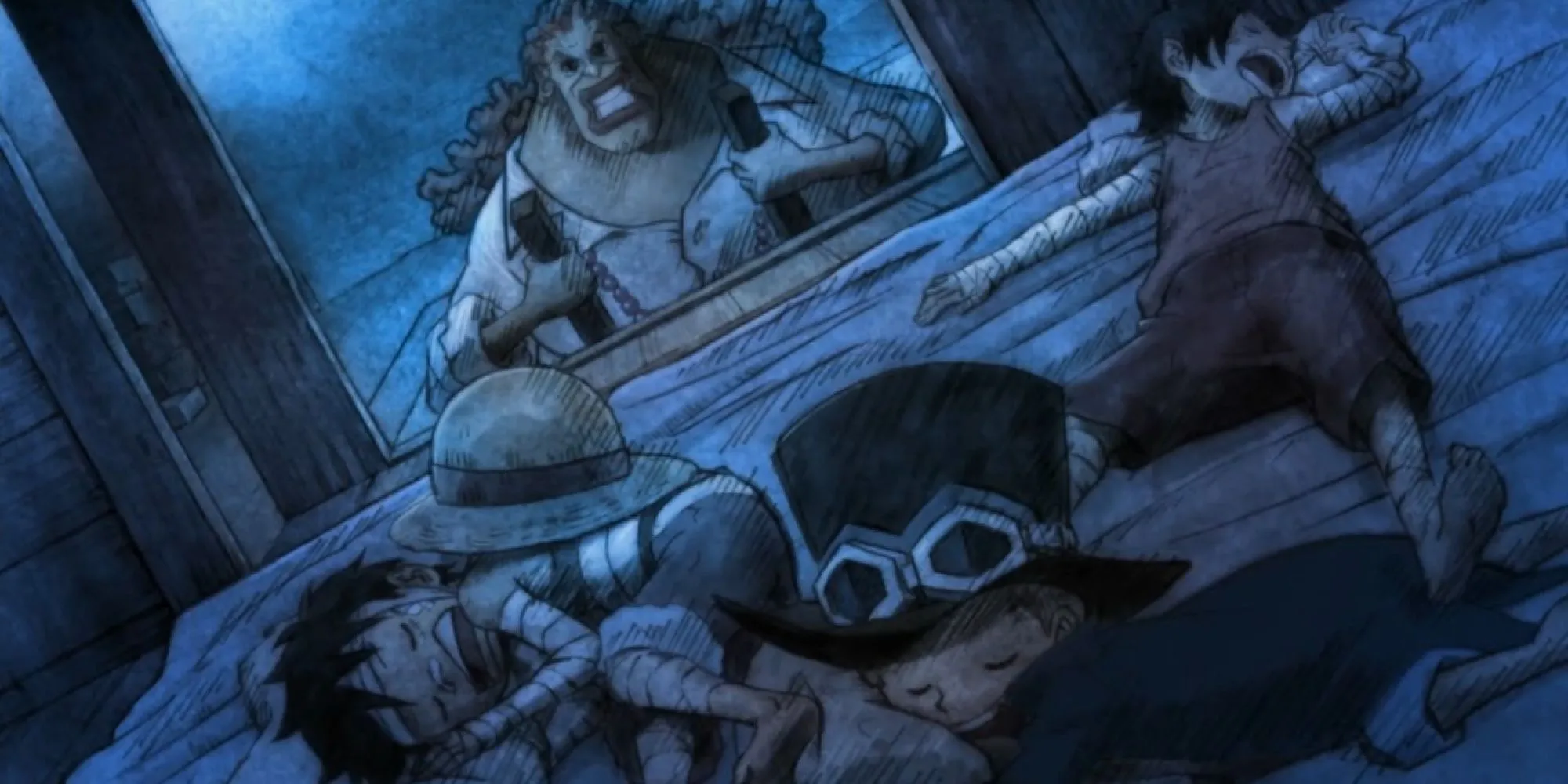 Dadan, Luffy và Sabo thời thơ ấu cùng nhau tại làng Foosha ở One Piece