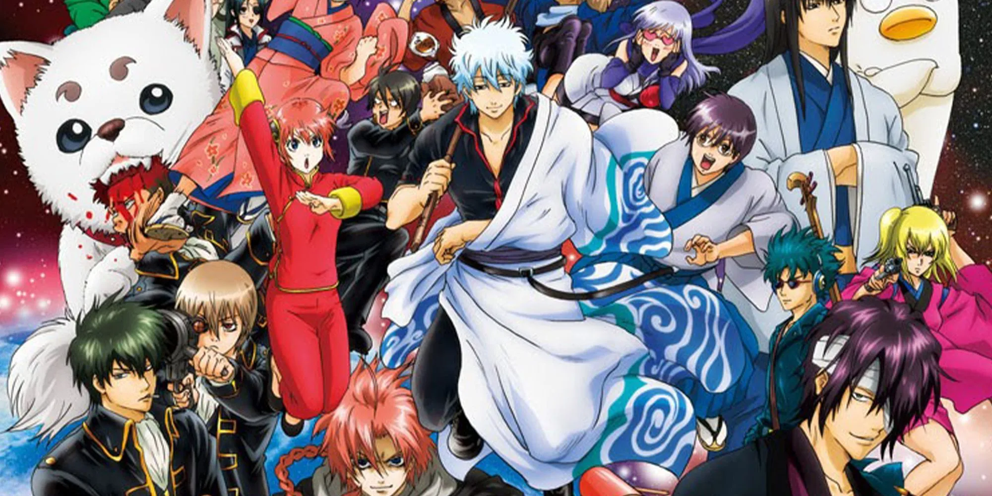 Dàn nhân vật Gintama đứng cùng nhau trên nền không gian