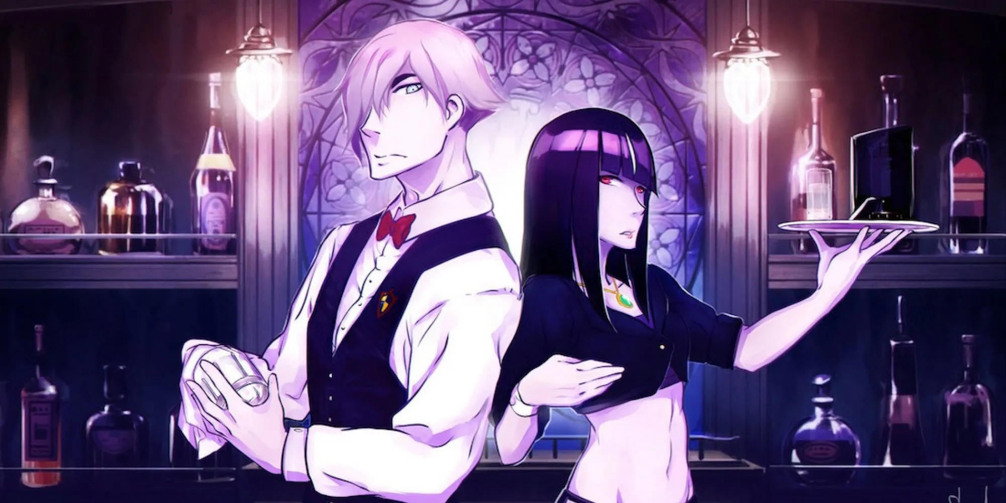 Decim và Chiyuki tại quán bar Quindecim, nơi diễn ra các trò chơi phán xét linh hồn trong Death Parade