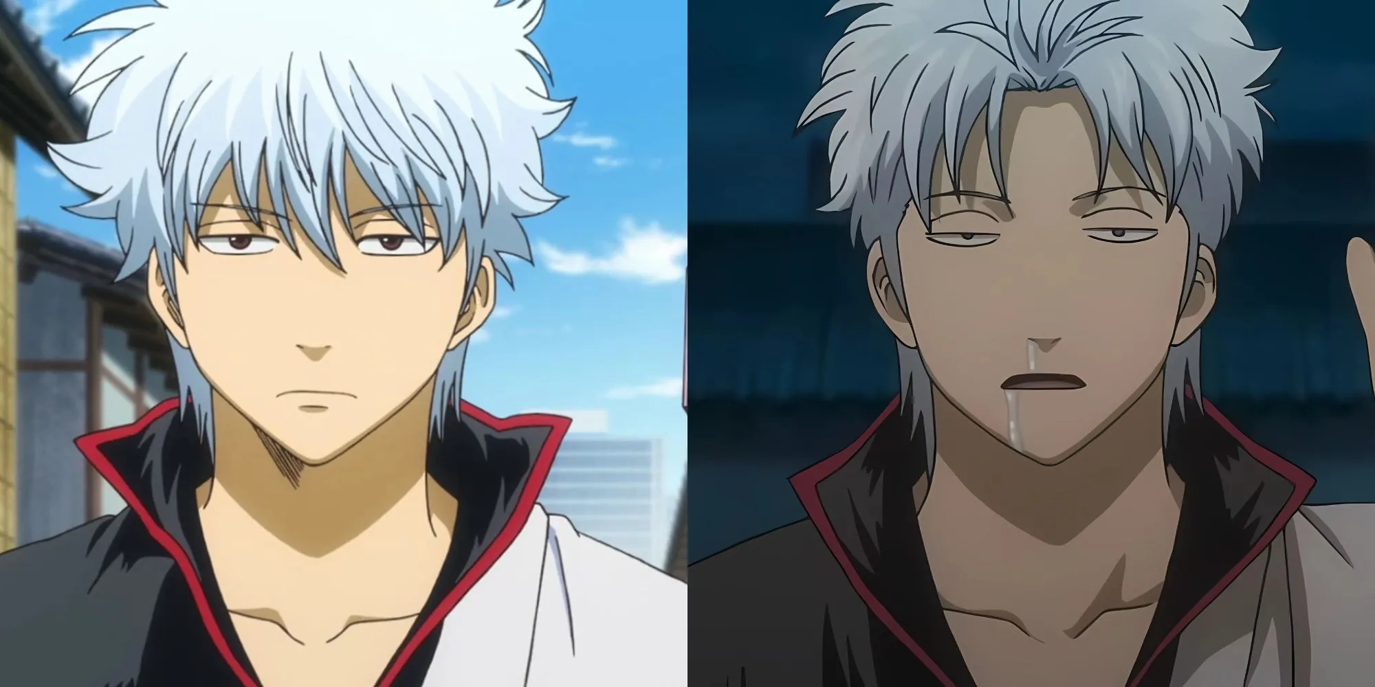 Gintoki Sakata ngồi lười biếng với thanh bokuto trong anime Gintama.