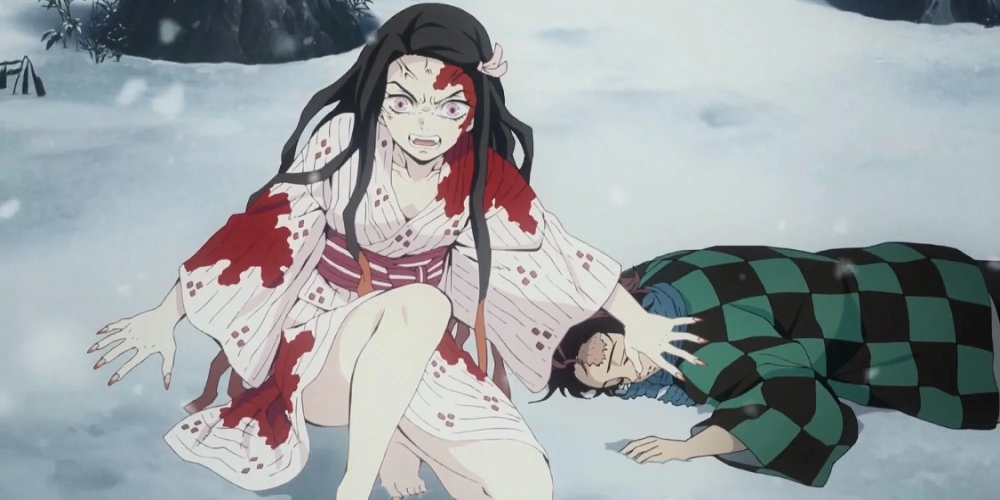 Giyu Tomioka đối đầu Tanjiro Kamado bảo vệ Nezuko ở đầu series Demon Slayer.