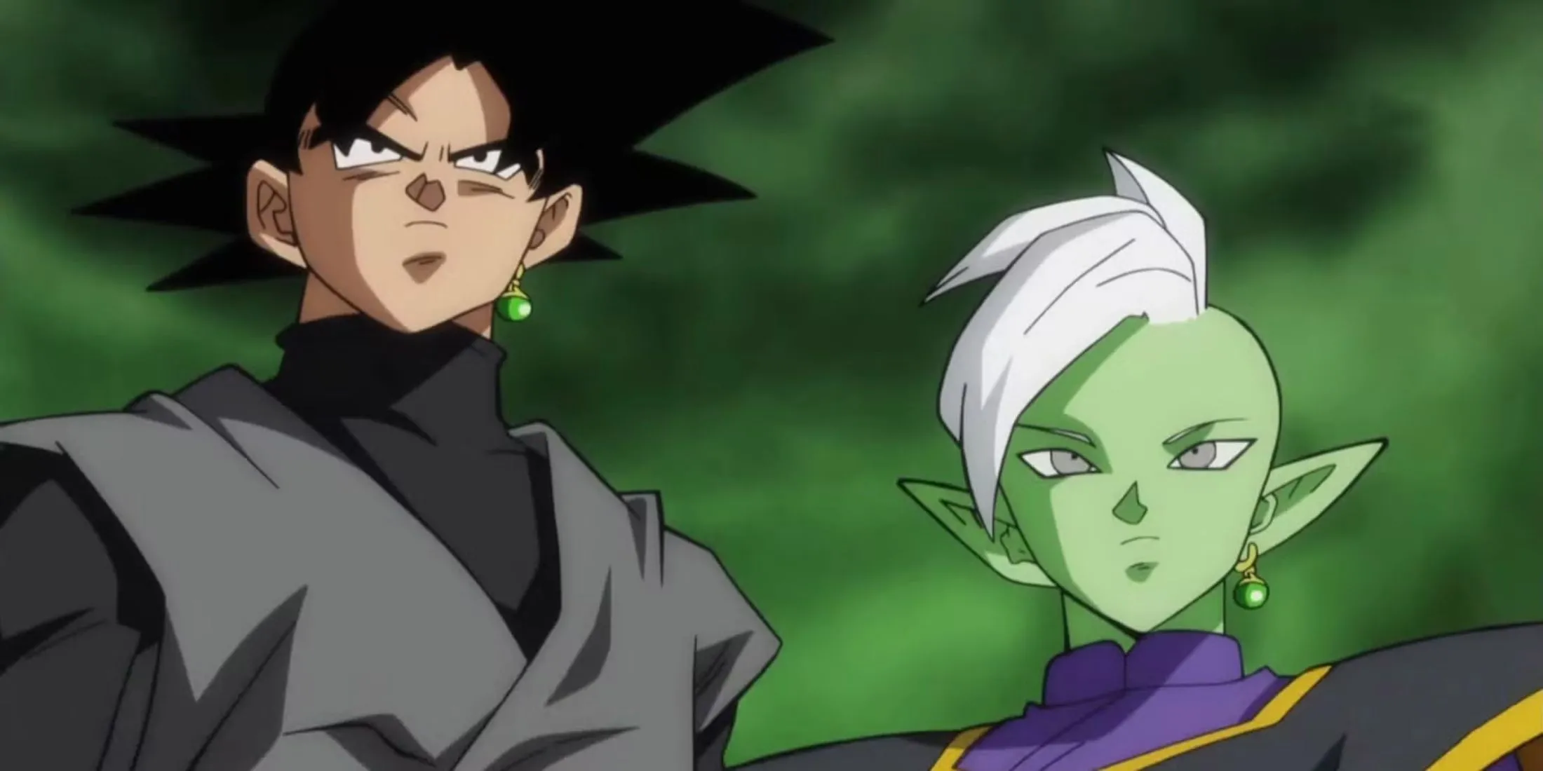 Goku Black và Zamasu kết hợp trong bối cảnh hoang tàn của Dragon Ball Super