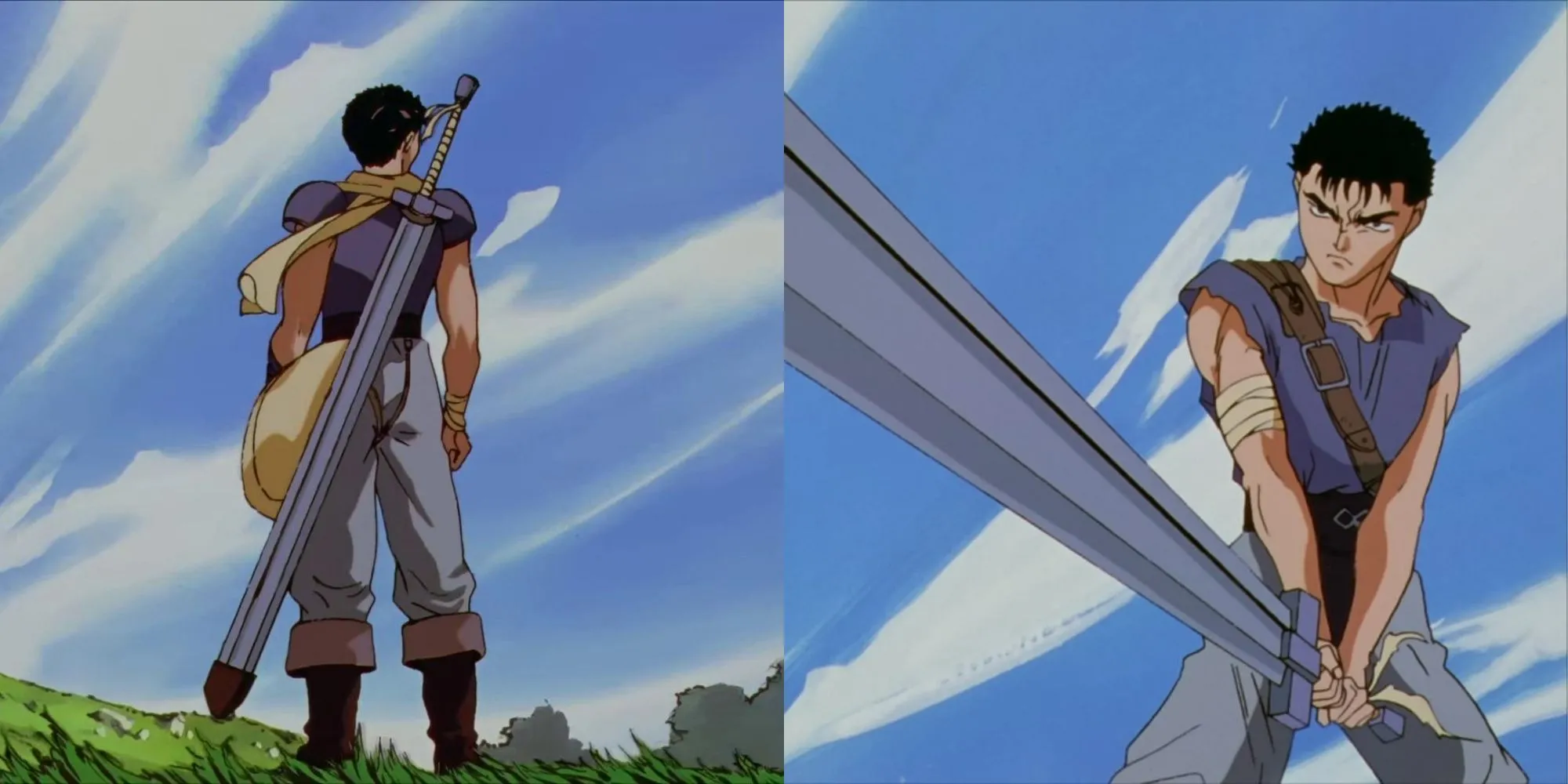 Guts vác thanh đại kiếm Dragonslayer khổng lồ trên vai trong anime Berserk 1997