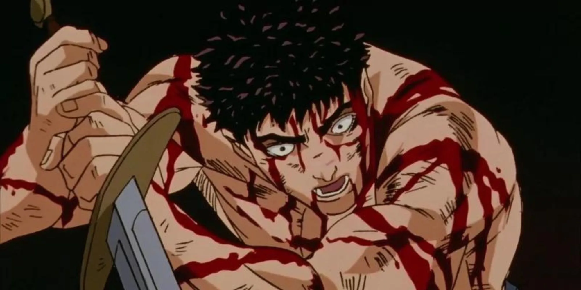Guts với thanh kiếm khổng lồ chiến đấu giữa bãi chiến trường trong Berserk
