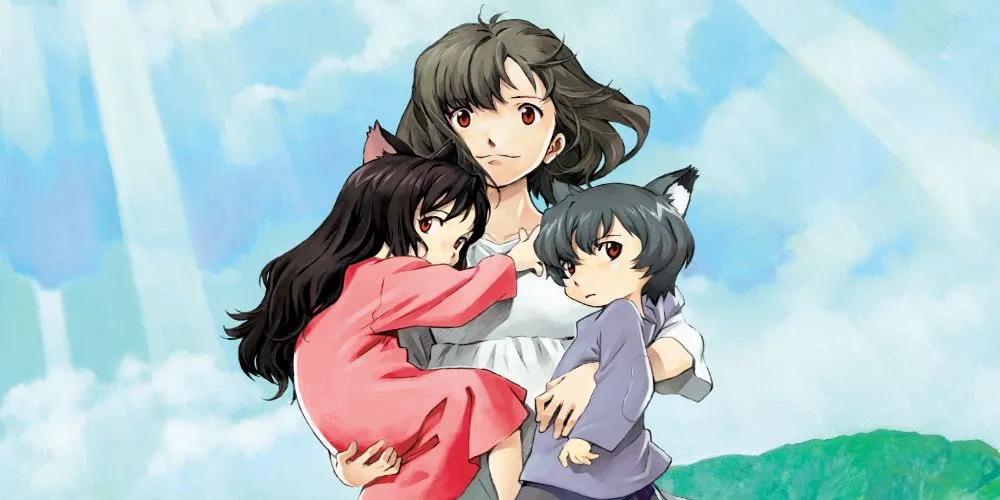 Hana nhìn hai con Ame và Yuki của mình trong Wolf Children