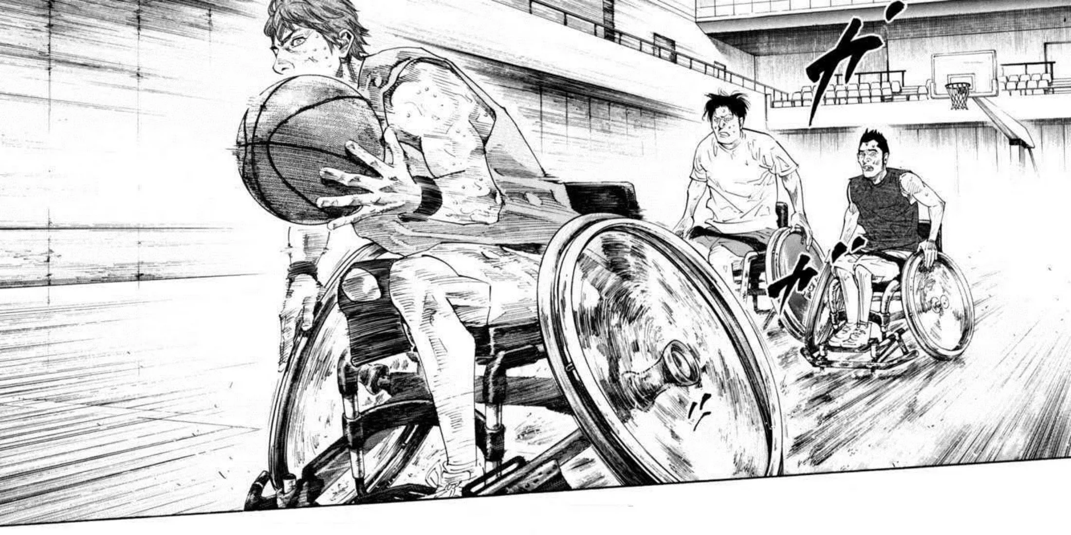 Hình ảnh bìa manga Real của Takehiko Inoue tập trung vào các nhân vật chơi bóng rổ xe lăn
