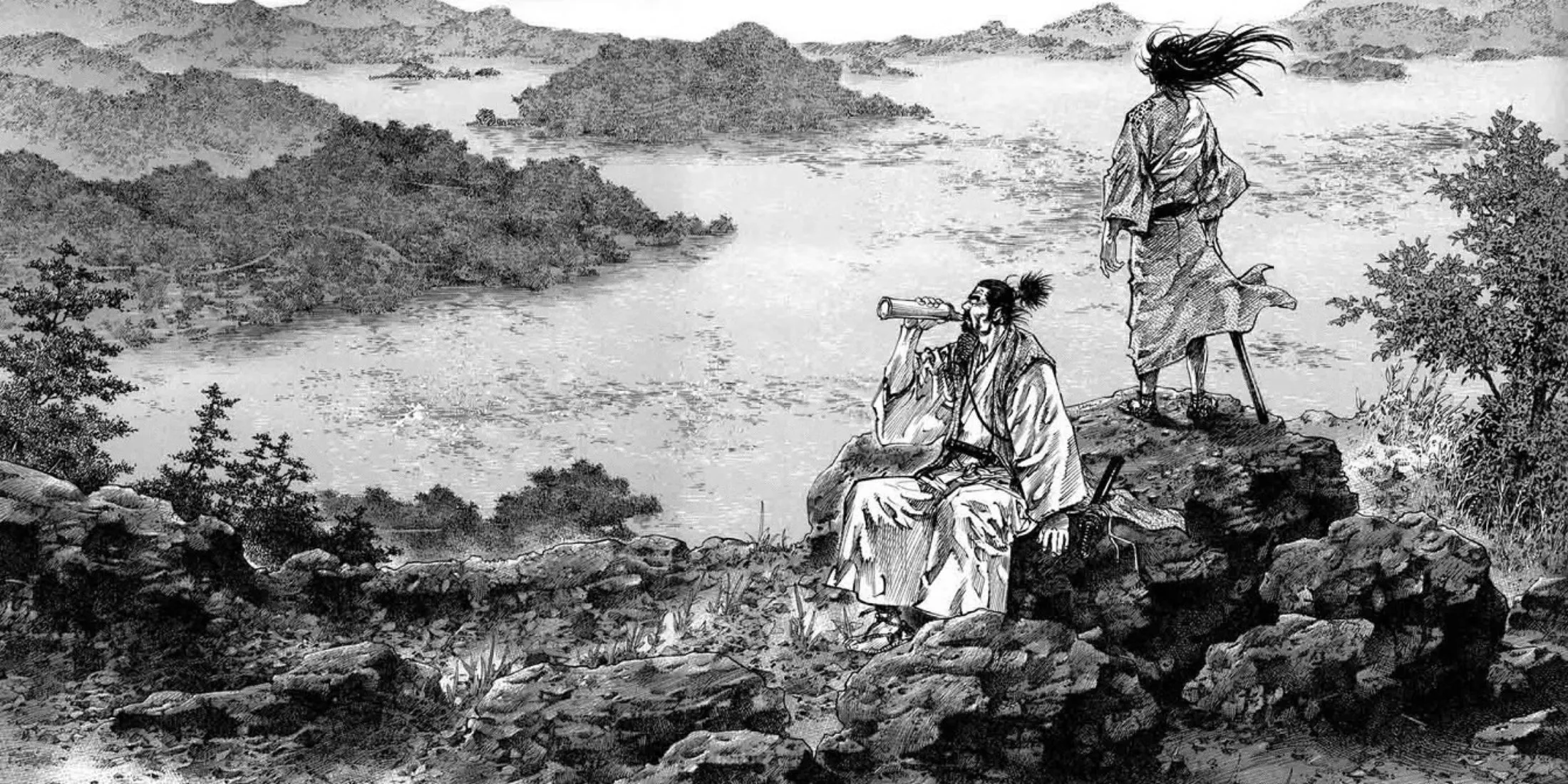 Hình ảnh bìa manga Vagabond tập trung vào khuôn mặt chiến binh Miyamoto Musashi
