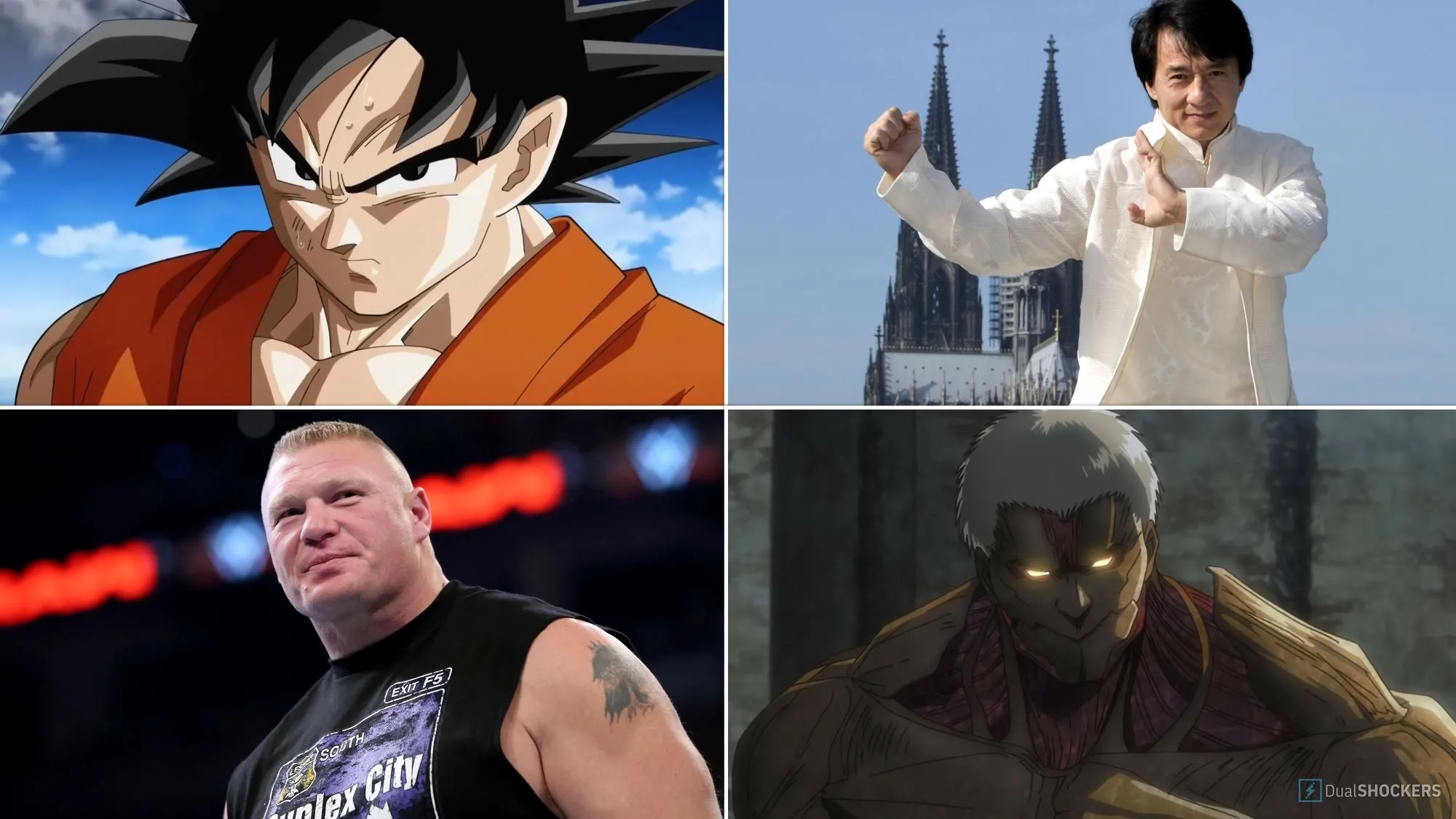 Hình ảnh ghép của Goku, Jackie Chan, Armored Titan, và Brock Lesnar