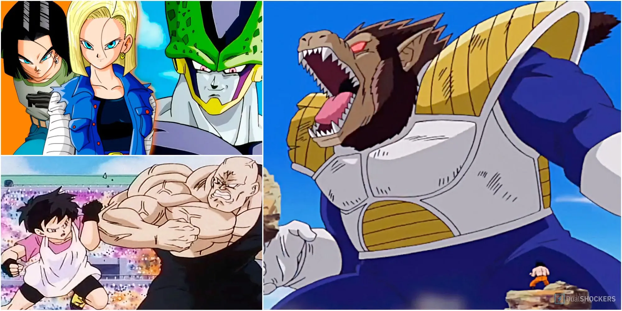 Hình ảnh tổng hợp các nhân vật Android 17, Yamu và dạng Great Ape của Vegeta trong Dragon Ball Z