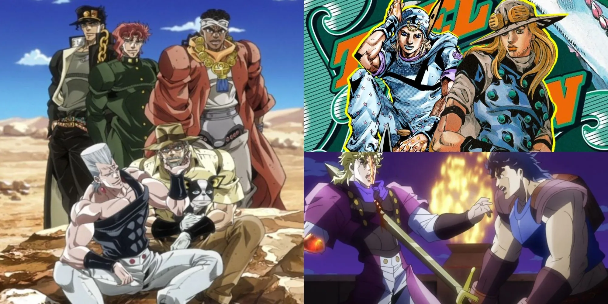 Hình ảnh tổng hợp các phần của JoJo's Bizarre Adventure, bao gồm Stardust Crusaders và Phantom Blood