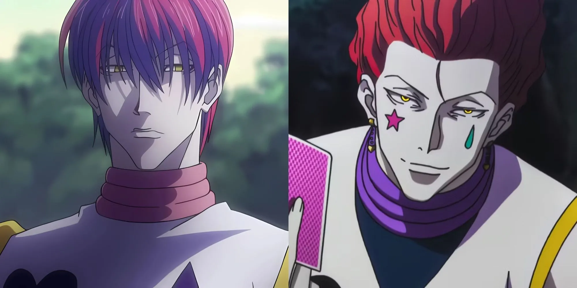 Hisoka Morow trong Hunter x Hunter với nụ cười điên loạn và thẻ bài