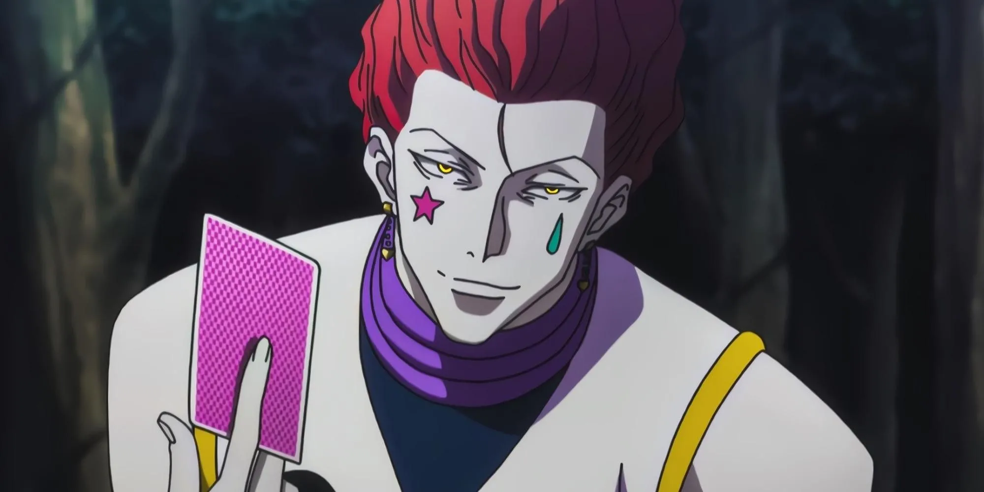 Hisoka Morow với biểu cảm đặc trưng, thể hiện tính cách khó đoán và vô đạo đức trong Hunter x Hunter
