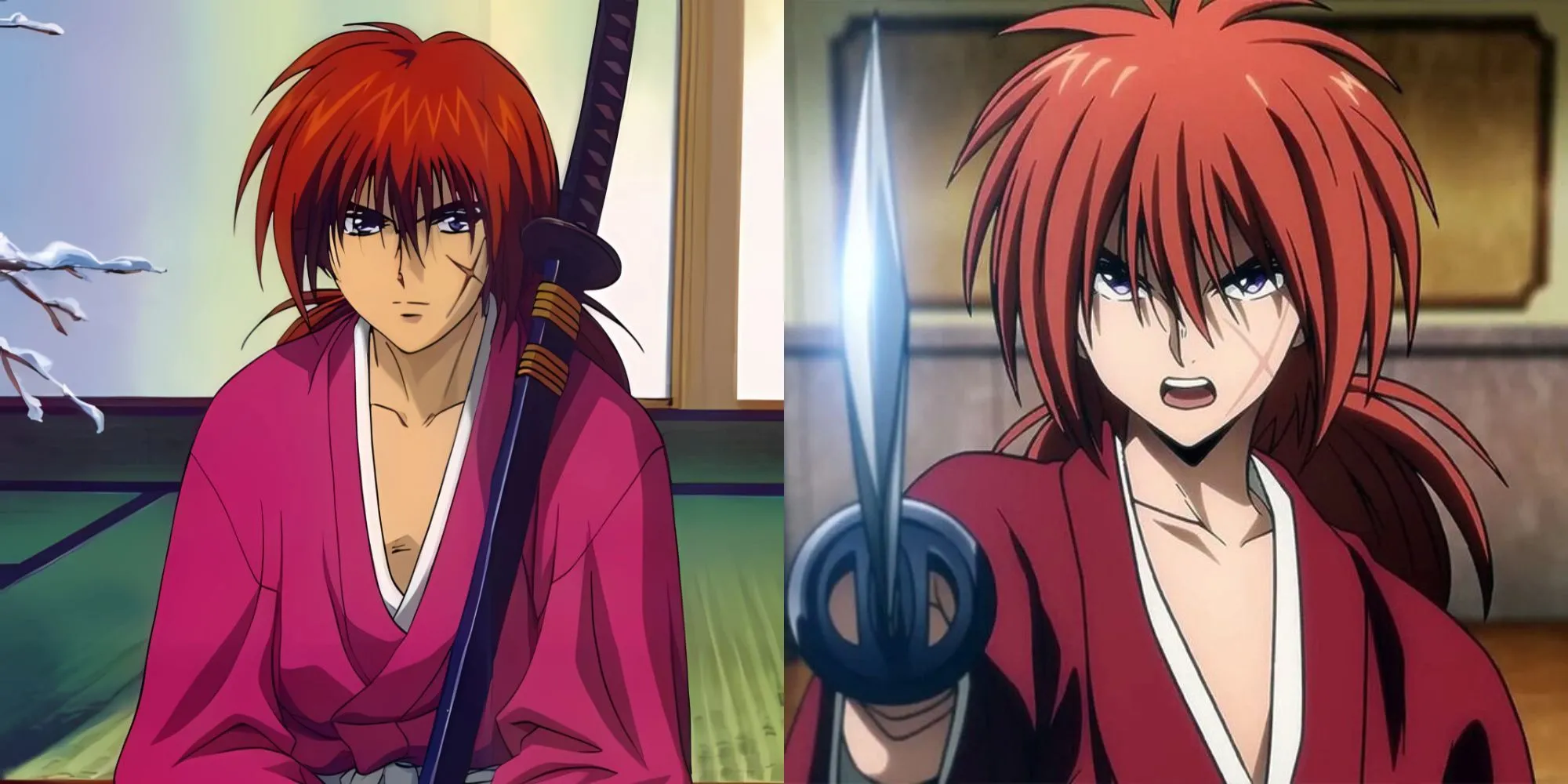 Hitokiri Battousai (Kenshin thời trẻ) với vẻ mặt lạnh lùng và thanh kiếm nhuốm máu trong Rurouni Kenshin Trust &amp; Betrayal