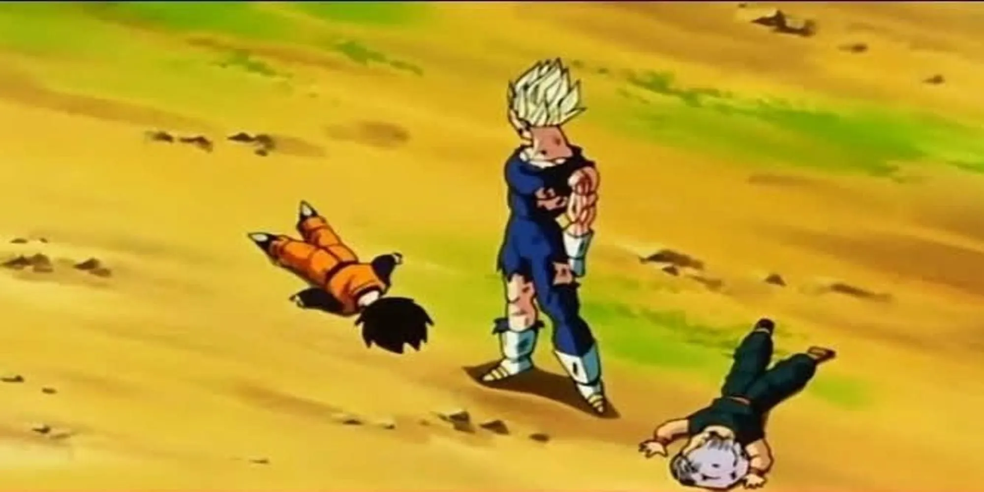 Hoàng tử Saiyan Vegeta hạ gục con trai Trunks và Goten để bảo vệ hai đứa trẻ khỏi Majin Buu