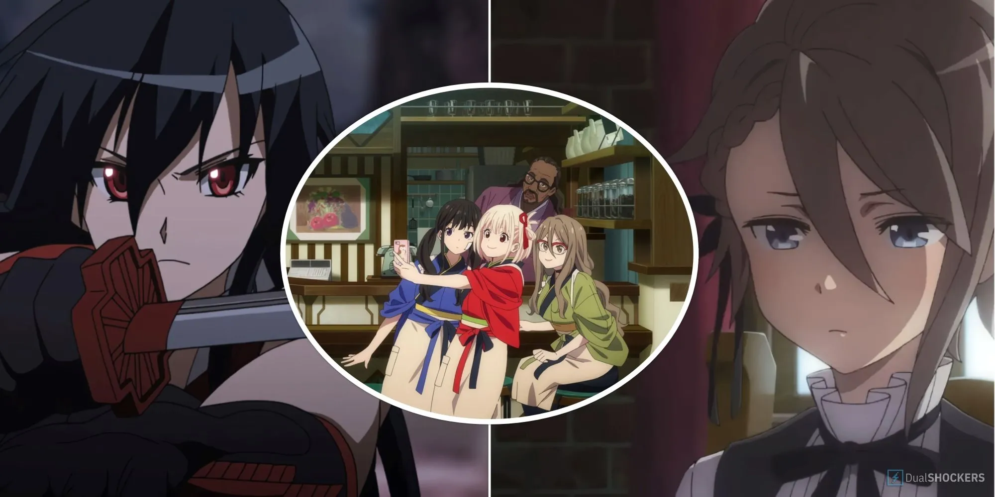 Homura Akemi, dàn diễn viên Lycoris Recoil và Ange từ Princess Principal trong một bức ảnh ghép