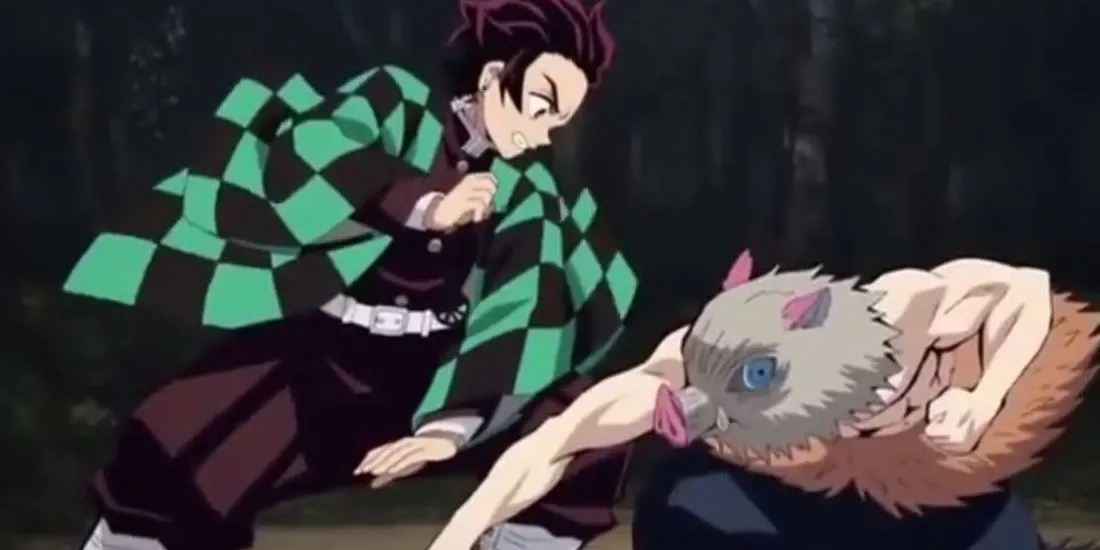 Inosuke Hashibira và Tanjiro Kamado, hai thành viên của Diệt Quỷ Đội với mối quan hệ đối địch một chiều hài hước
