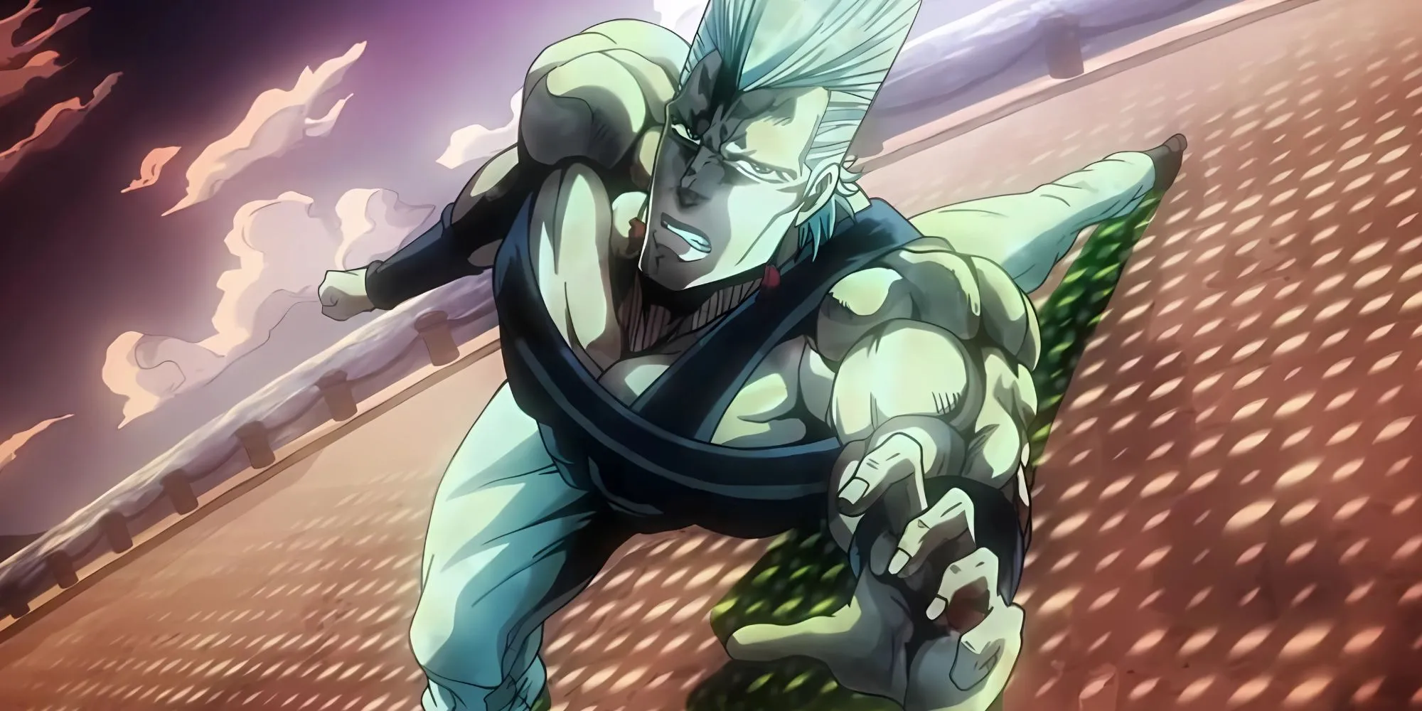 Jean-Pierre Polnareff nghiêng người về phía trước một cách phi lý, tay cầm kiếm hướng ra, thể hiện sự kịch tính