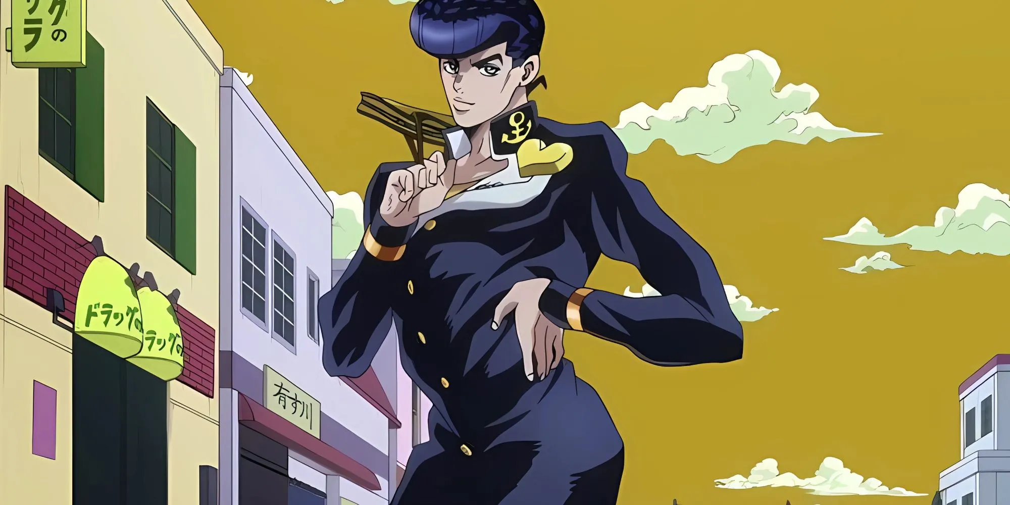 Josuke Higashikata tạo dáng cong chữ S đặc trưng với hông đẩy sang một bên và tay đặt lên thắt lưng