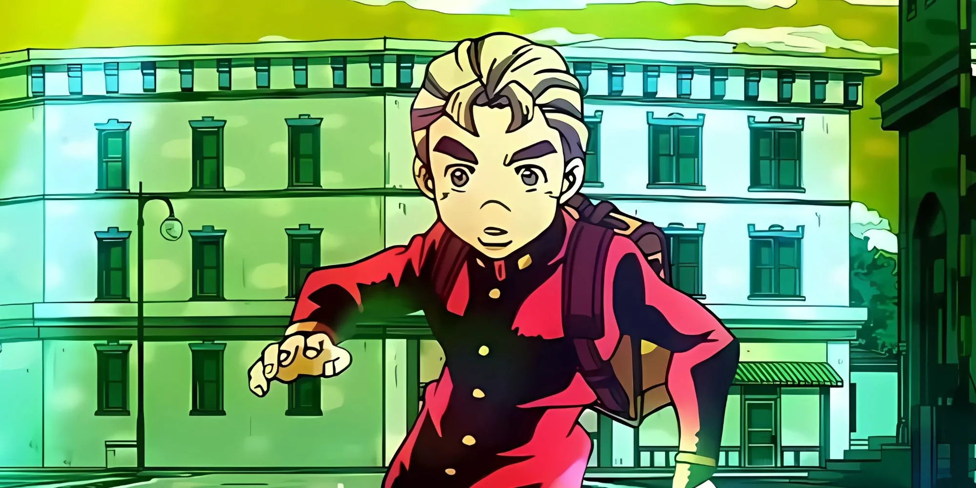 Koichi Hirose ngồi xổm với hai tay dang ngang nhẹ, tạo dáng đặc trưng từ OP &quot;Great Days&quot; của Diamond is Unbreakable