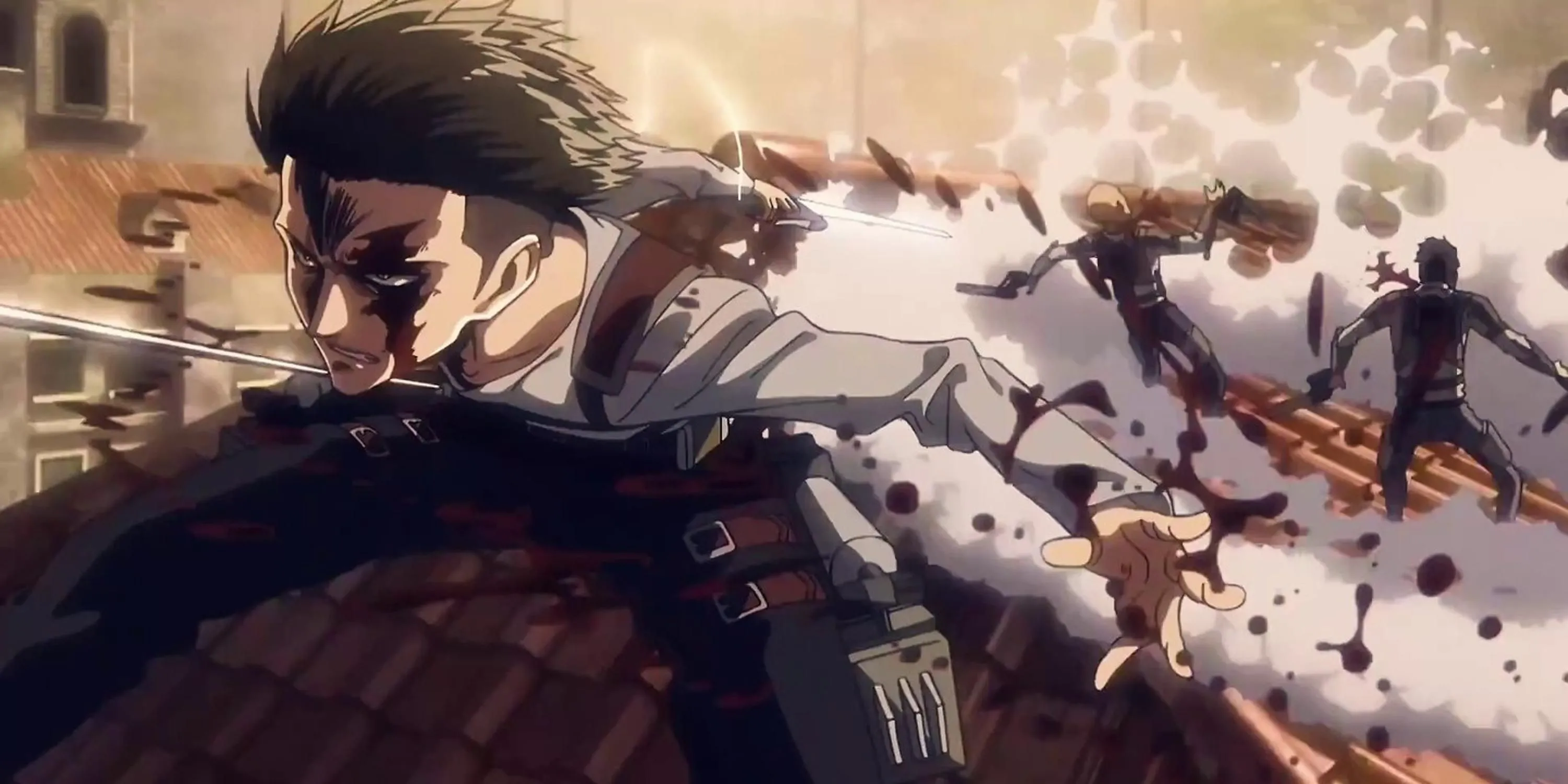 Levi Ackerman di chuyển tốc độ cao trong thành phố khi đối đầu với đội của Kenny trong Attack on Titan
