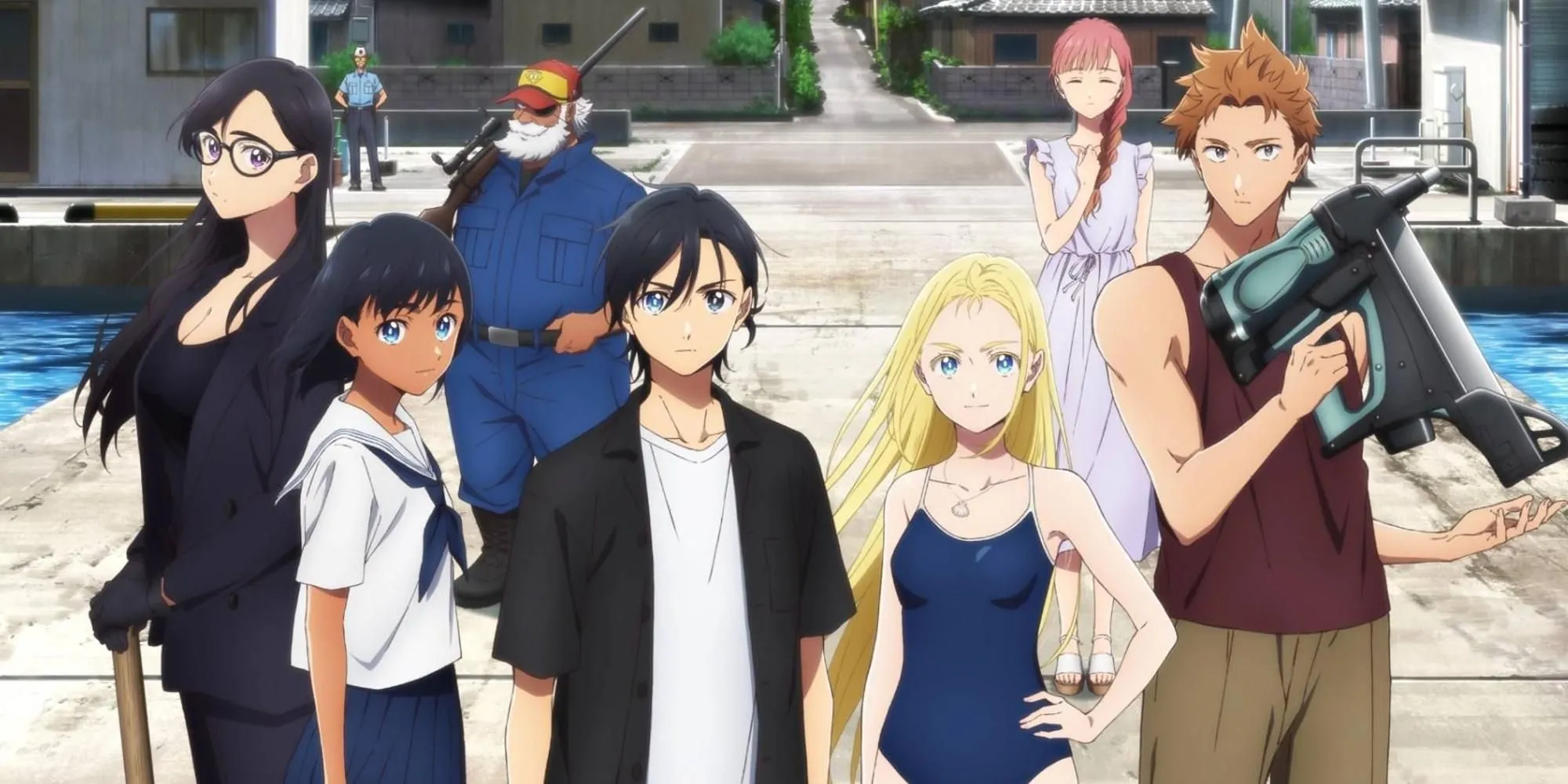 Nhóm nhân vật chính trong anime Summer Time Rendering đứng trên đảo