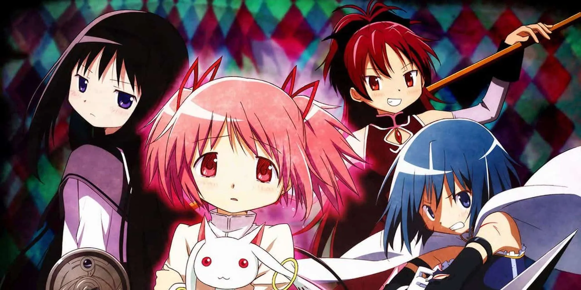 Nhóm Puella Magi gồm Madoka, Homura, Sayaka, Kyoko và Mami trong anime Puella Magi Madoka Magica