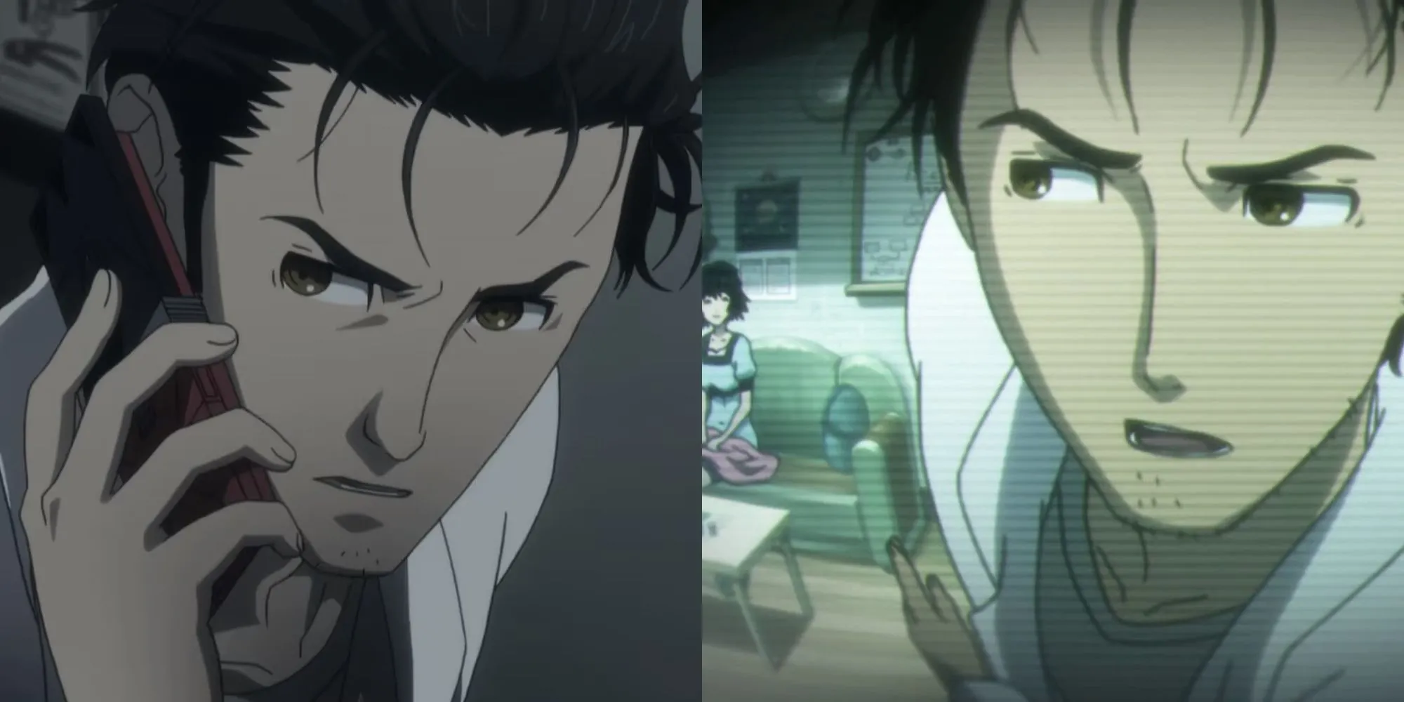 Okabe Rintaro đứng trước chiếc vệ tinh rơi xuống nóc nhà trong tập đầu Steins;Gate, khởi đầu cho những bí ẩn thời gian.