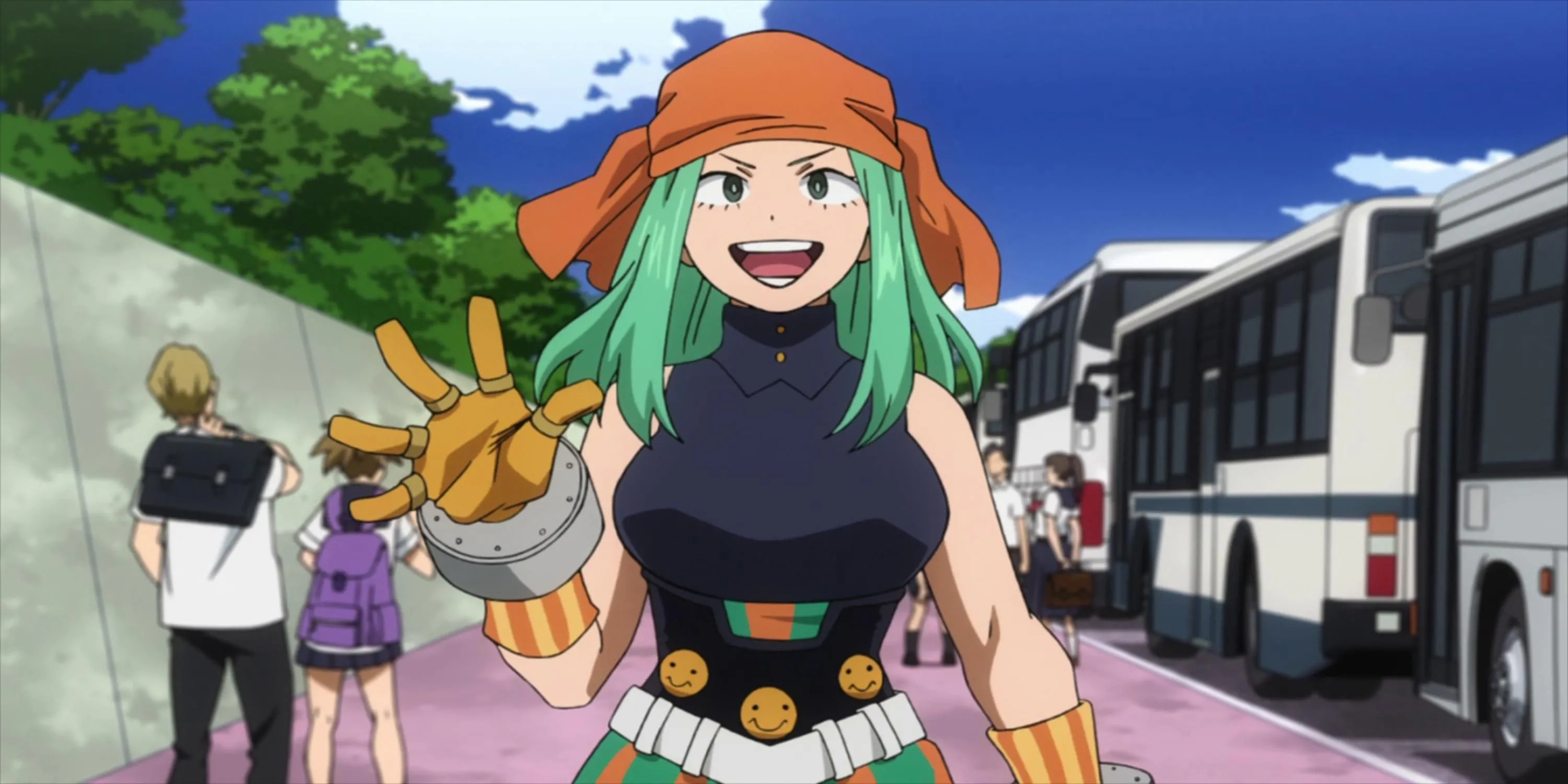 Pro Hero Ms. Joke (Emi Fukukado) với nụ cười đặc trưng, sử dụng Kosei Bộc Phát Cảm Xúc trong My Hero Academia.