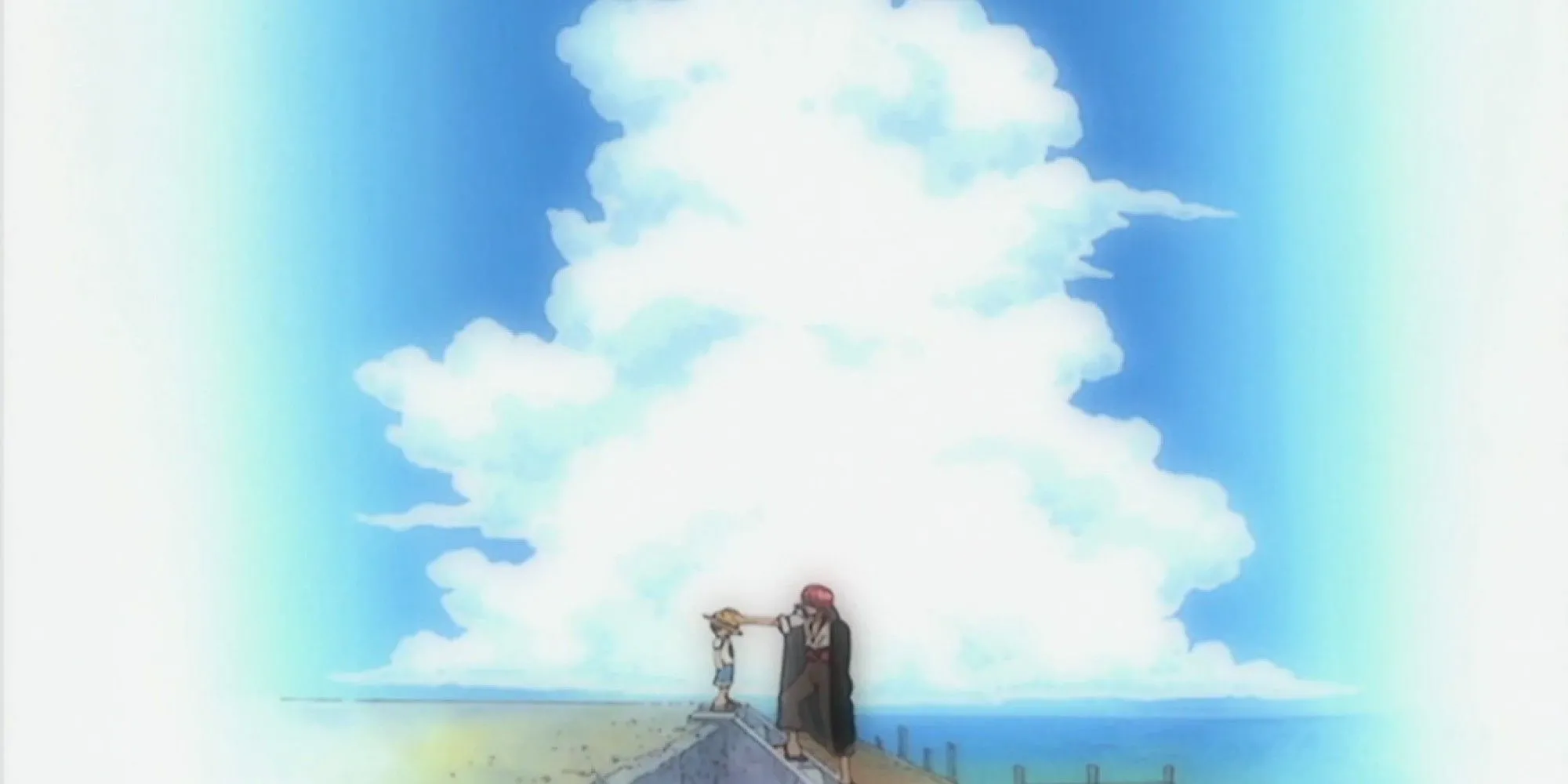 Shanks Tóc Đỏ trao mũ rơm cho Luffy thời thơ ấu ở làng Foosha trong One Piece