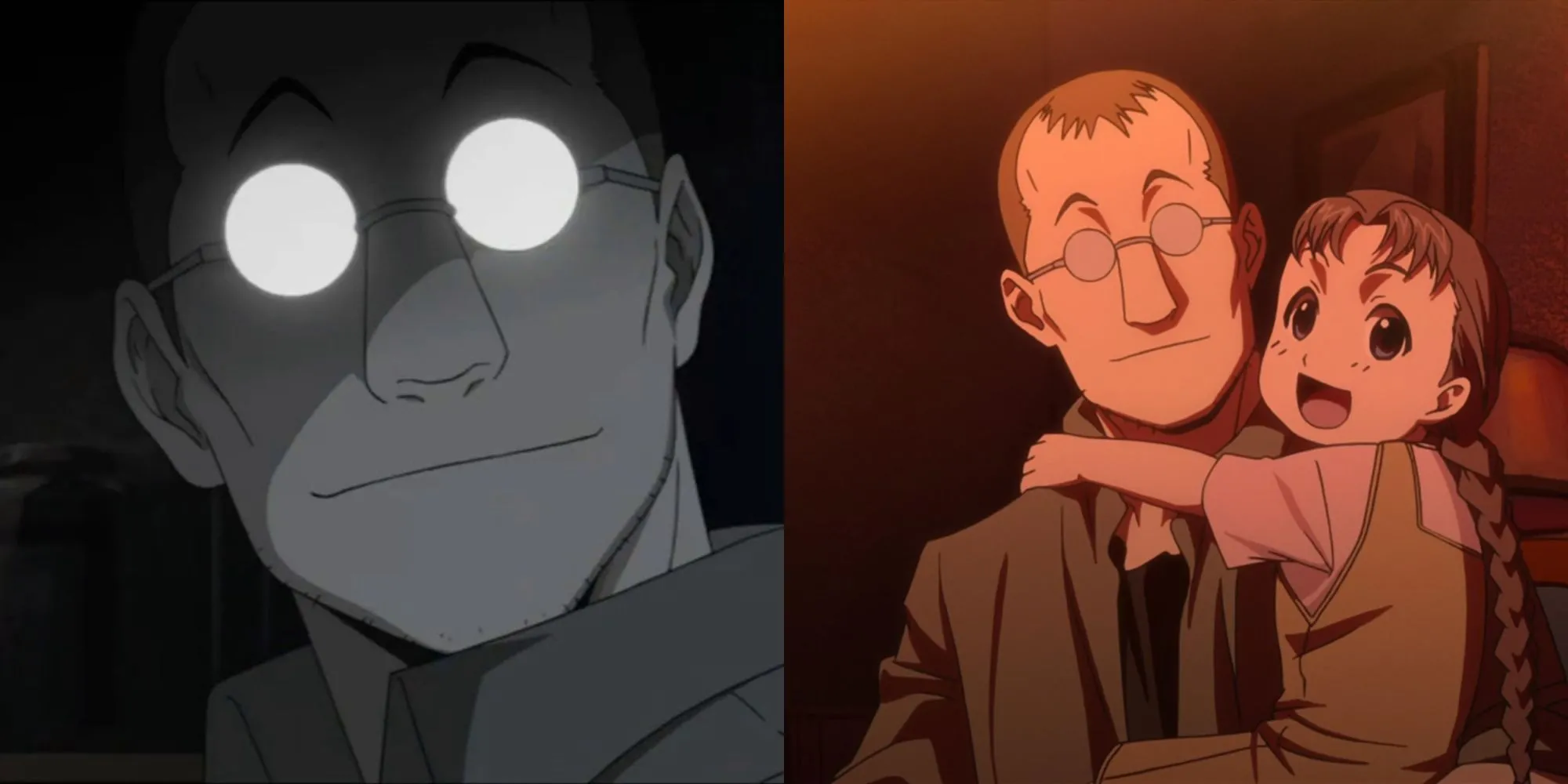Shou Tucker trong Fullmetal Alchemist: Brotherhood với ánh mắt bất ổn