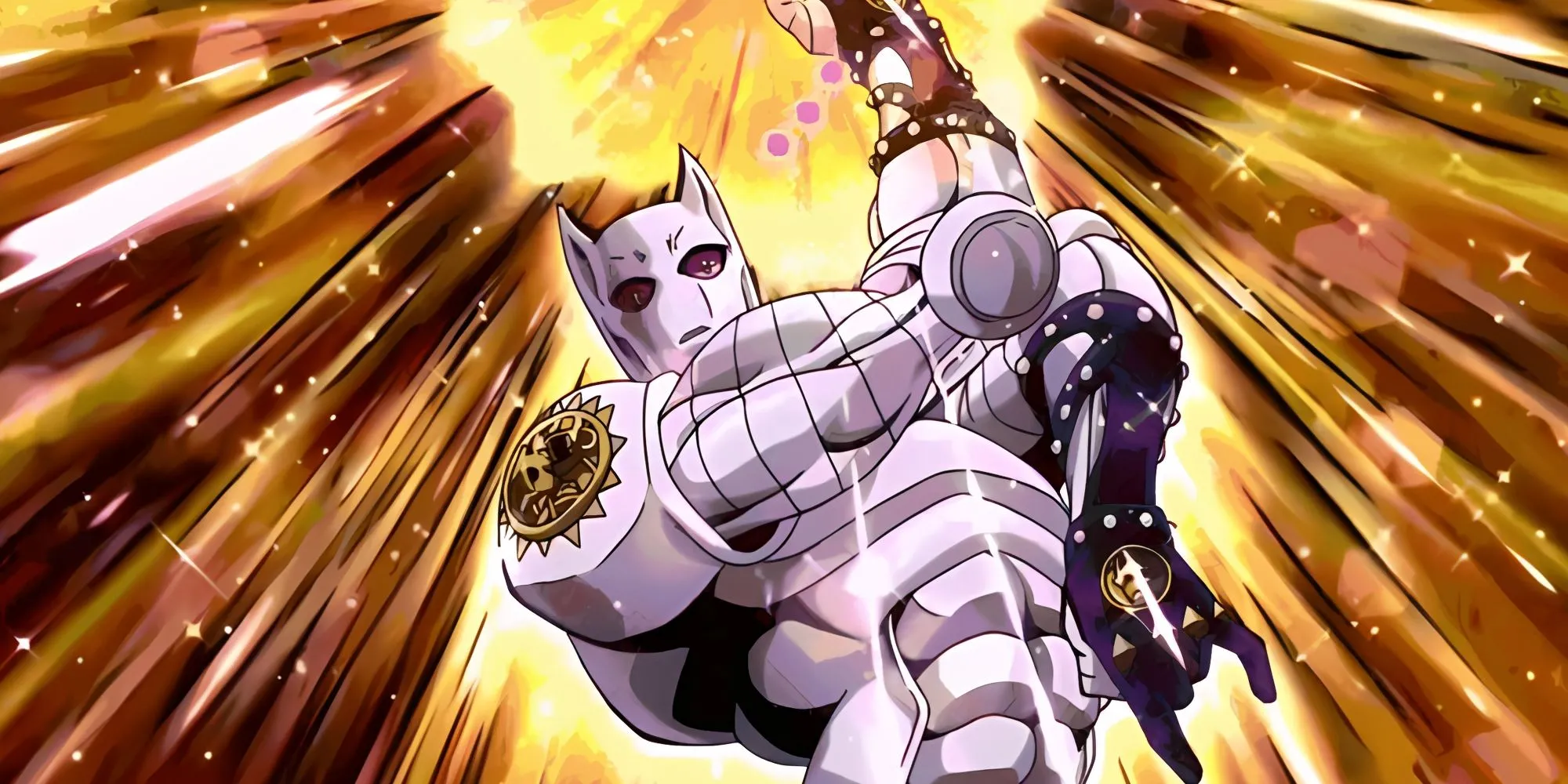 Stand Killer Queen của Kira tạo dáng chéo người đặc trưng với hai tay tạo góc vuông, chuẩn bị tấn công