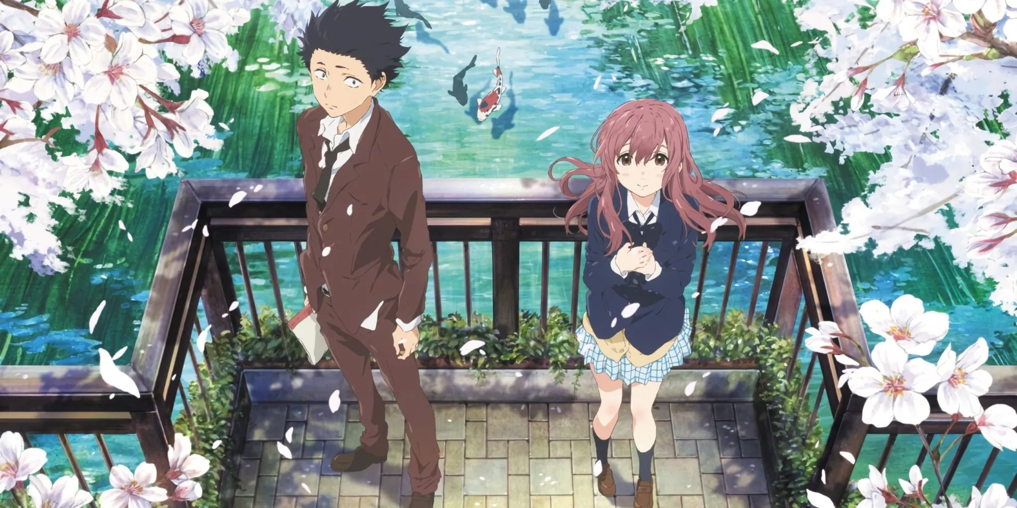 Tấm poster phim A Silent Voice với hai nhân vật chính Shoya và Shoko, biểu tượng cho chủ đề hàn gắn vết thương.