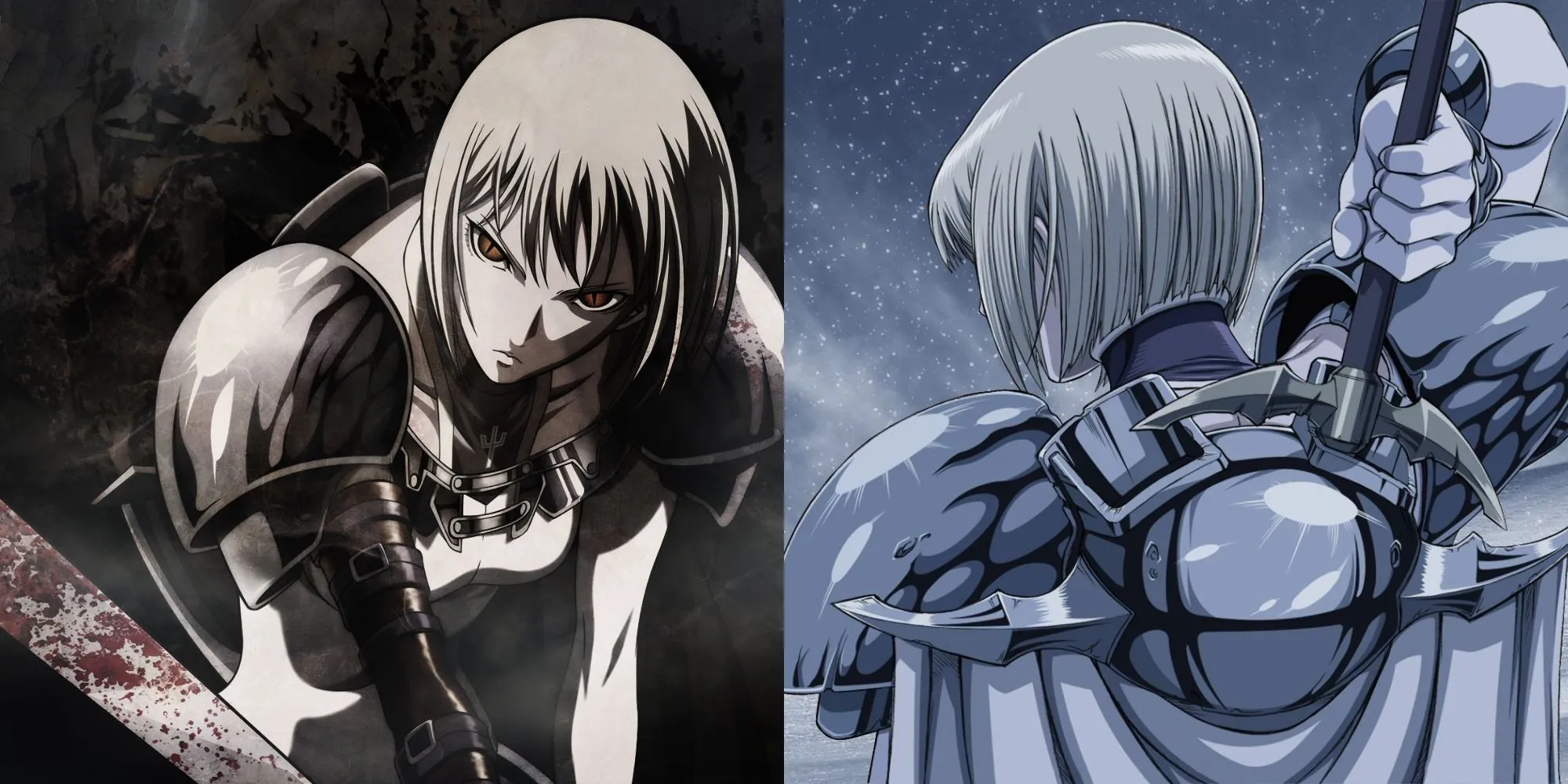 Teresa và Clare cầm đại kiếm sẵn sàng chiến đấu trong anime Claymore