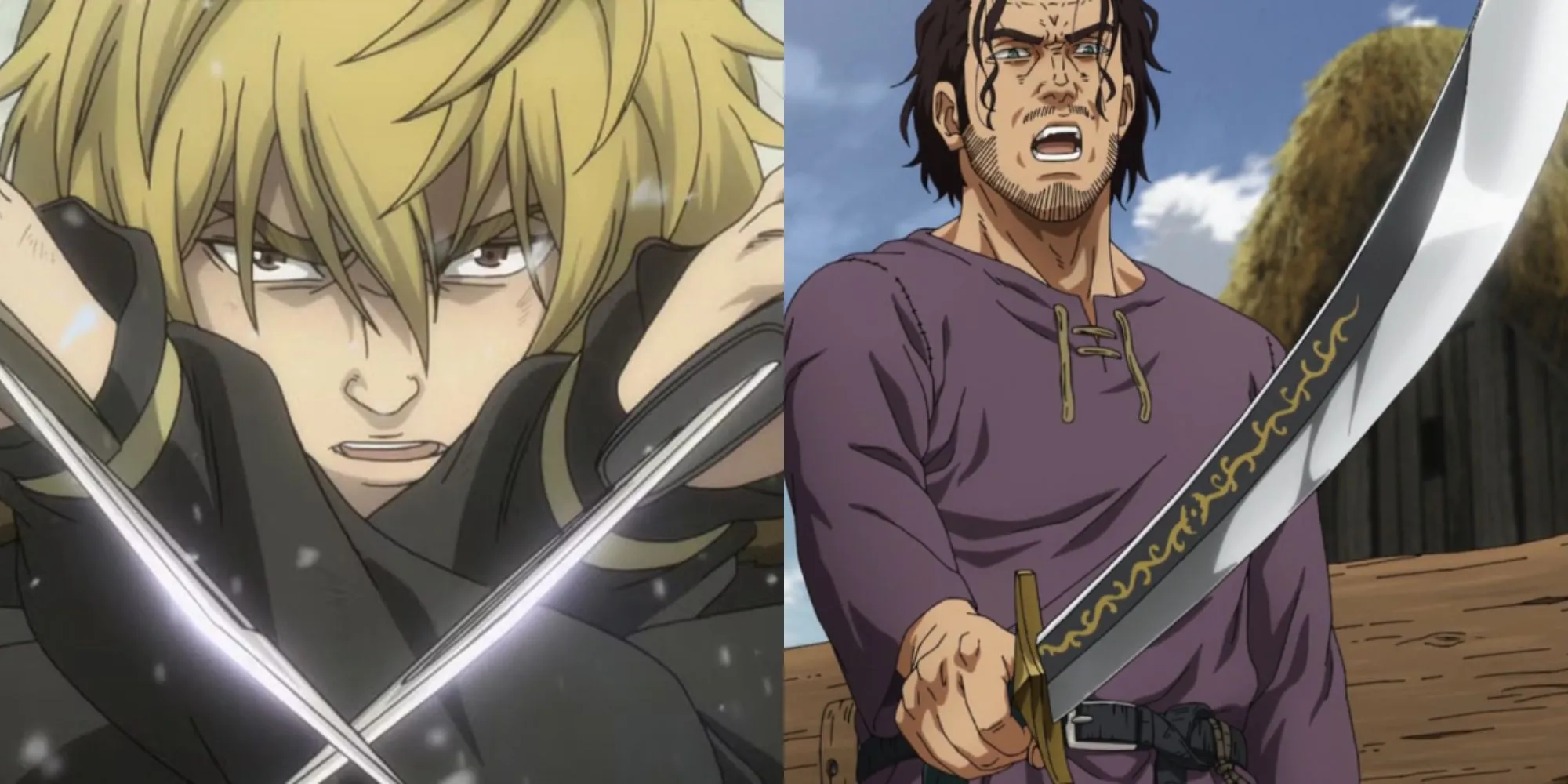 Thorfinn chiến đấu với cặp dao găm trong khung cảnh biển băng giá của Vinland Saga