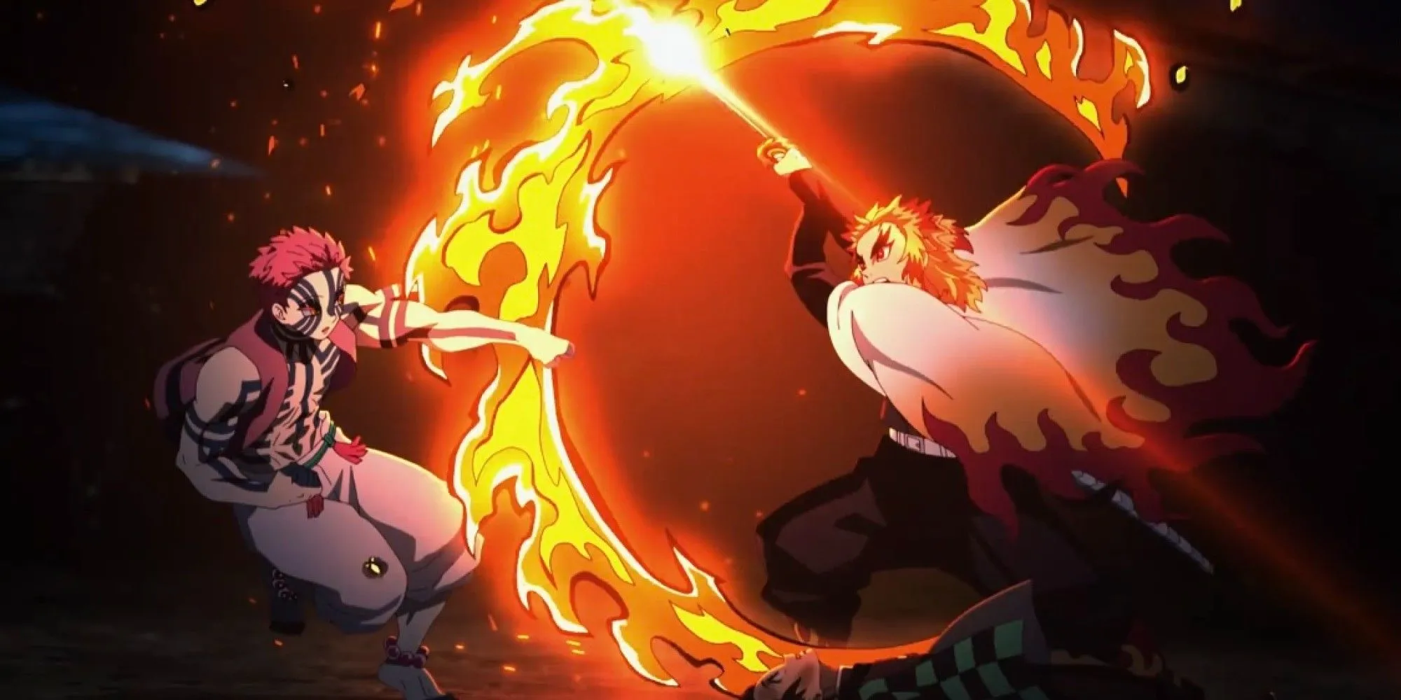Viêm Trụ Rengoku đối mặt Thượng Huyền Tam Akaza trong Chuyến tàu Vô tận của Demon Slayer.