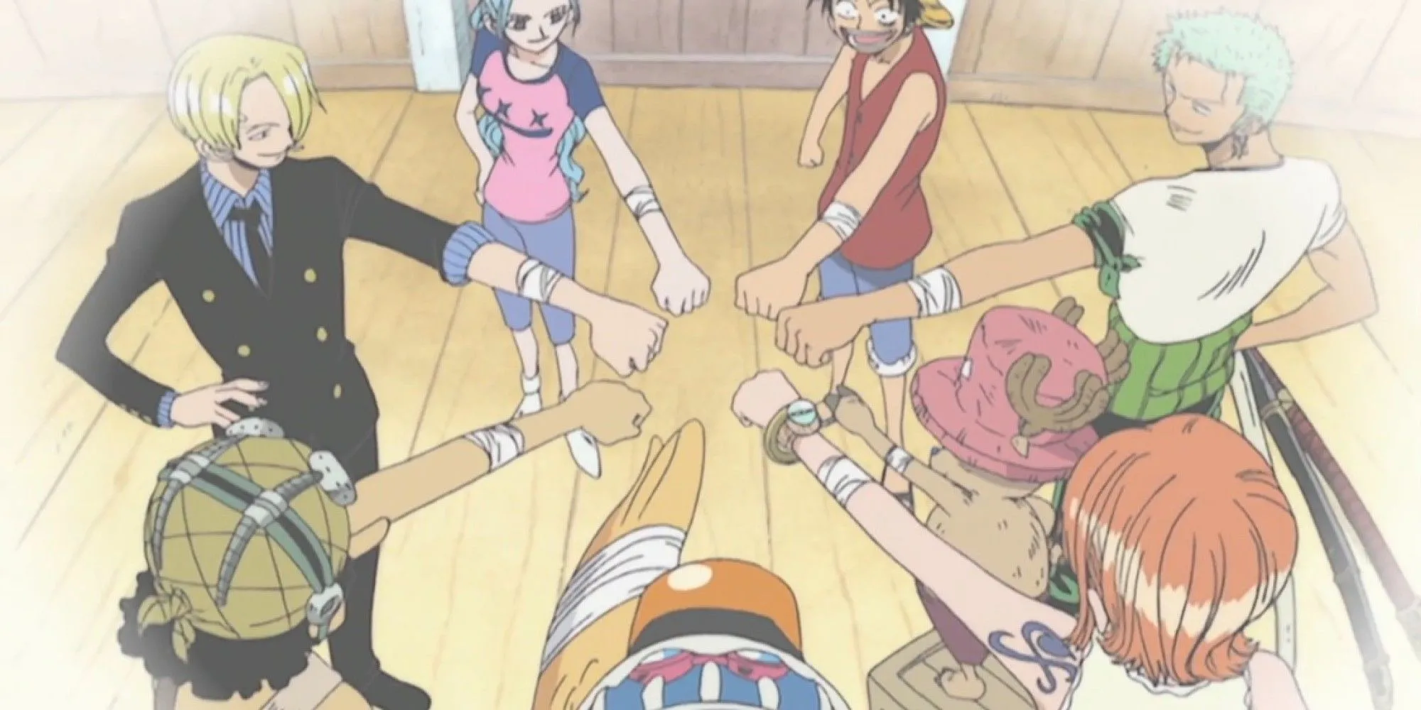 Vivi cùng băng Mũ Rơm giơ cánh tay đánh dấu tình đồng đội ở Alabasta trong One Piece