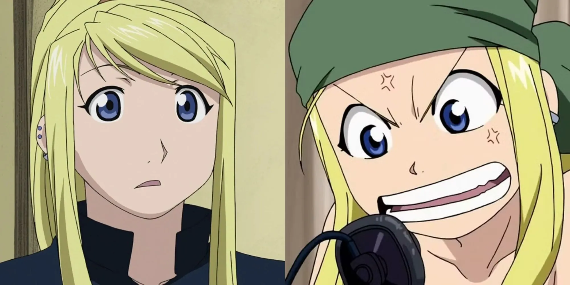 Winry Rockbell bên cạnh cánh tay giả (automail) của Edward Elric trong anime Fullmetal Alchemist Brotherhood