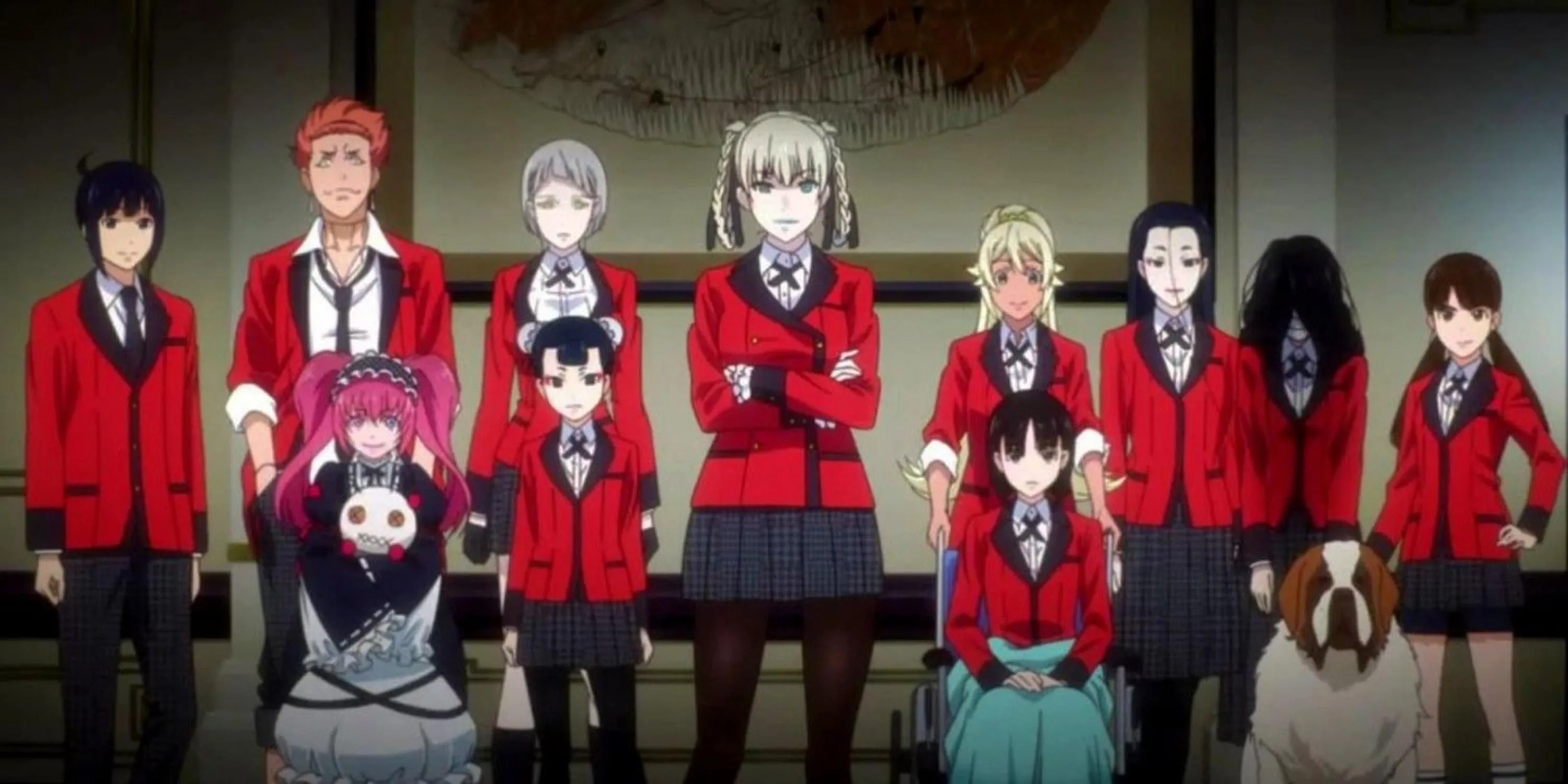 Yumeko Jabami với biểu cảm cuồng loạn khi chơi bạc trong anime Kakegurui