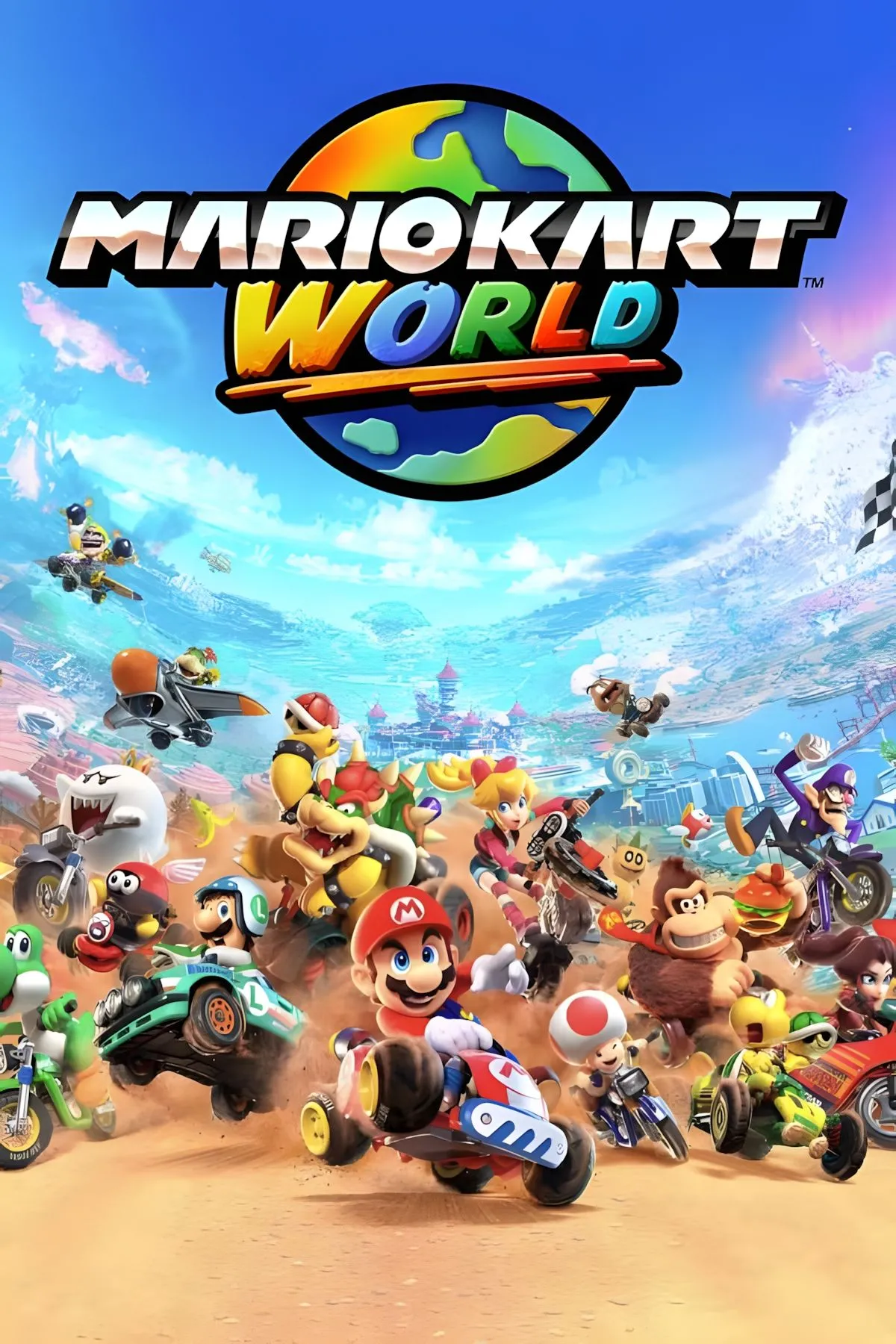 Artwork Mario Kart World với Mario và Luigi cùng các nhân vật khác