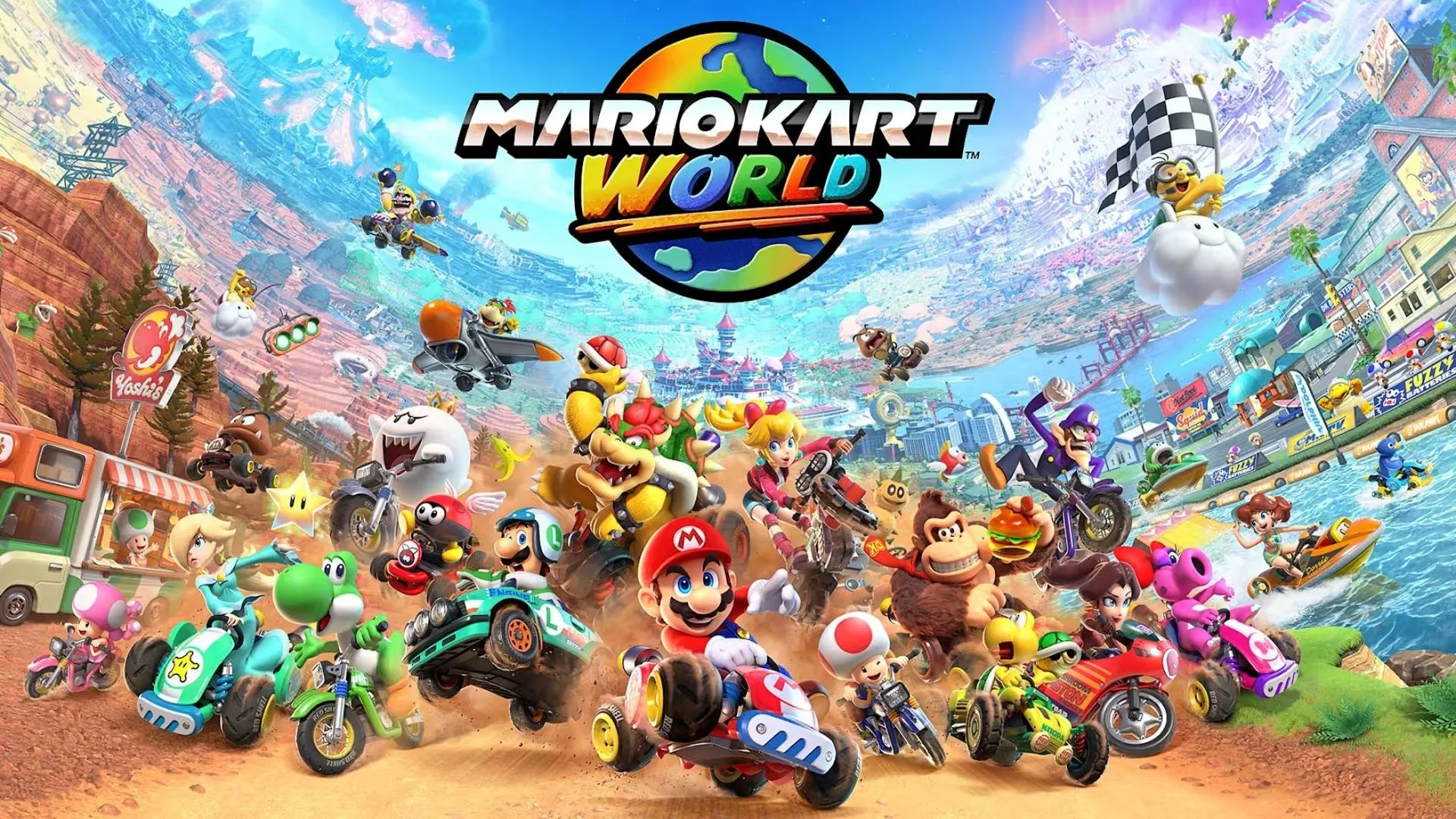 Cảnh đua xe kịch tính trong Mario Kart World với các vật phẩm