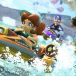 Giao diện sảnh chờ Mario Kart World với nhân vật Daisy đang lái xe