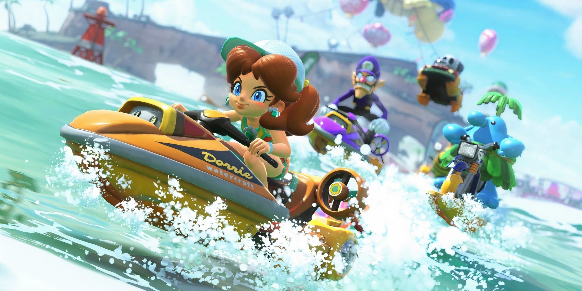 Giao diện sảnh chờ Mario Kart World với nhân vật Daisy đang lái xe