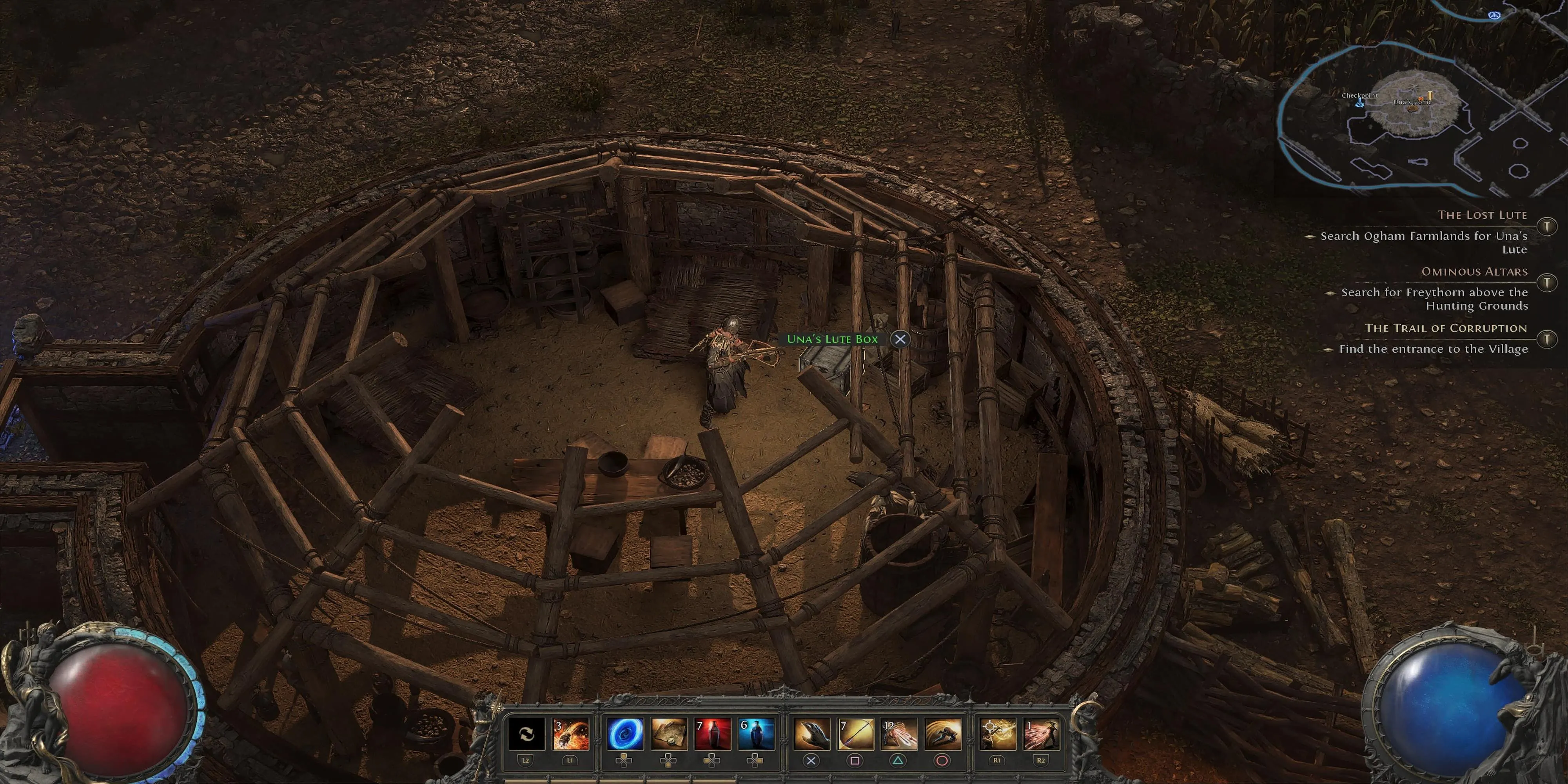 Nhân vật game Path of Exile 2 đứng cạnh NPC Una trong một khu rừng hoang tàn, chuẩn bị cho nhiệm vụ mới