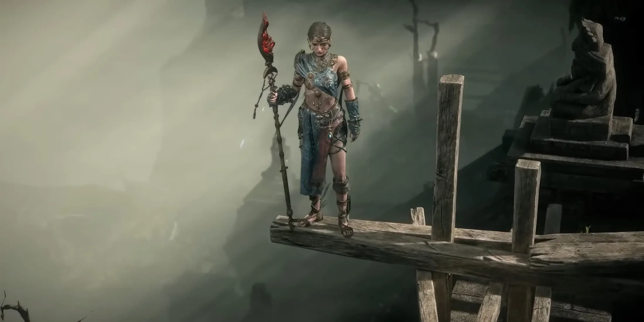 Nhân vật nữ pháp sư (Sorceress) trong Path of Exile 2 với trang bị Act 3, sẵn sàng chiến đấu