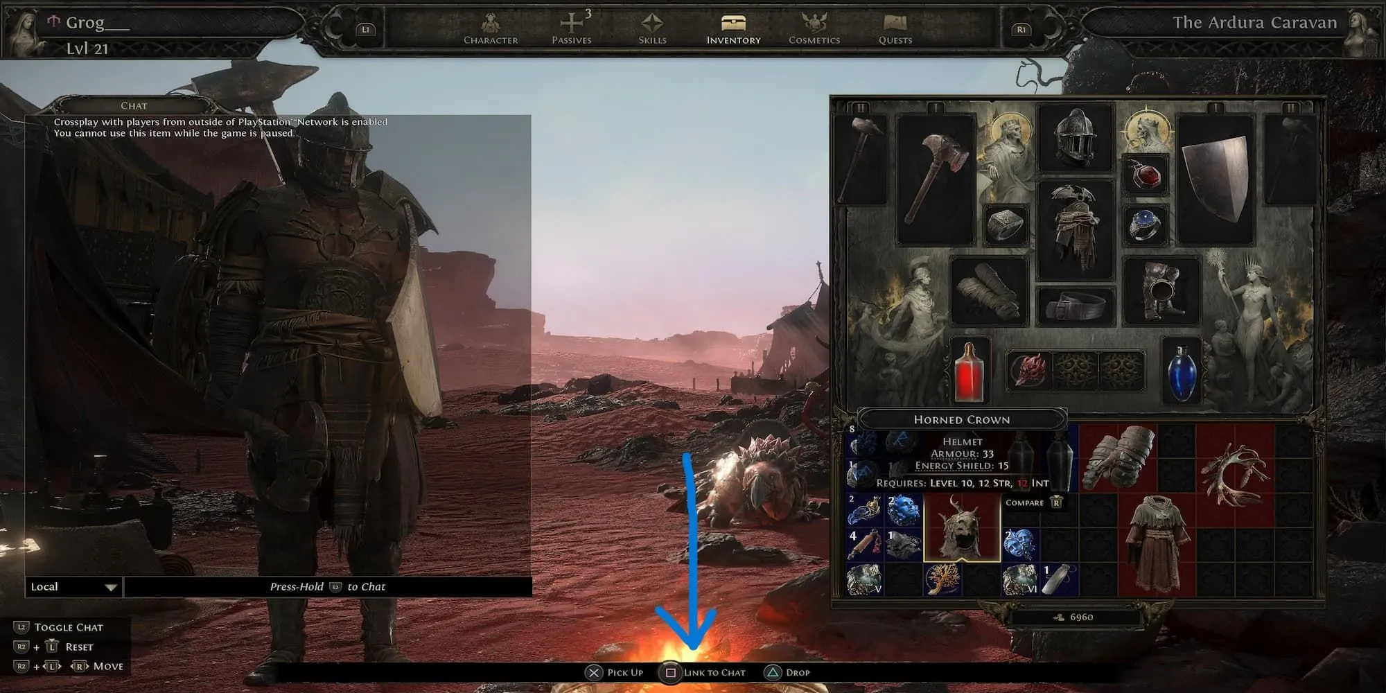 Tùy chọn 'Link to Chat' trong menu của Path of Exile 2, cho phép tương tác cộng đồng dễ dàng